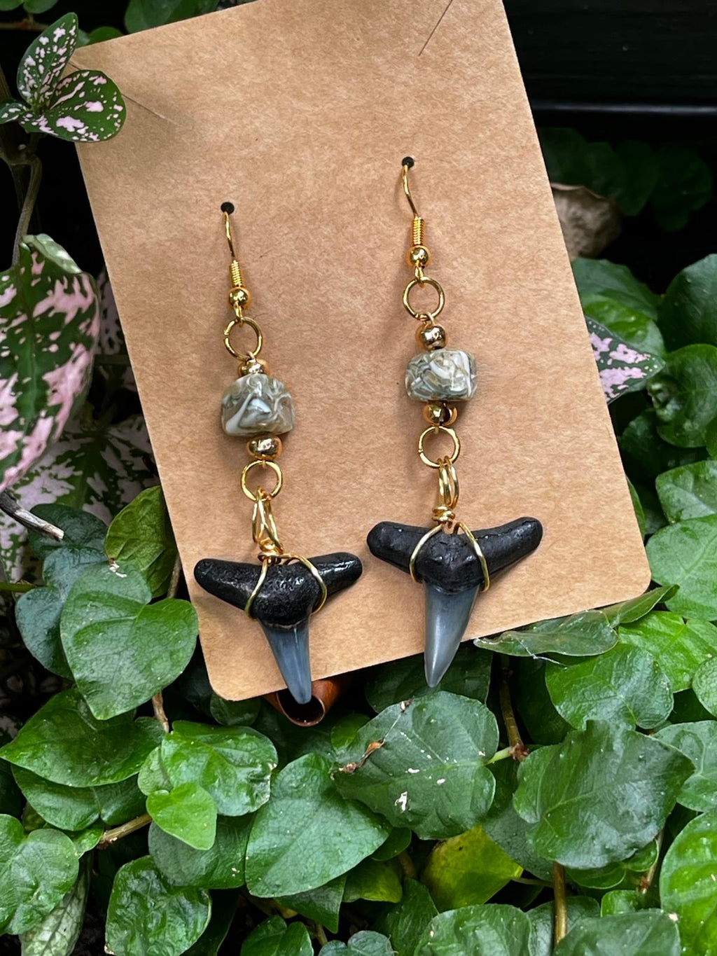 Luster & Lemon | Fossil Lemon Shark Tooth & Mother of Pearl Drop Earrings | Handmade Gift