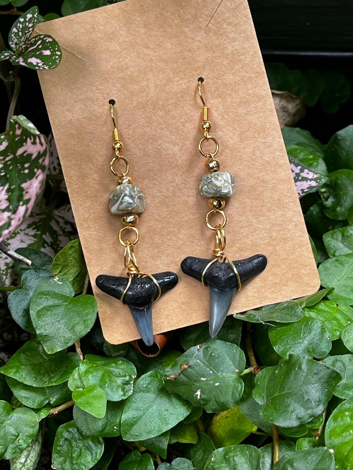 Luster & Lemon | Fossil Lemon Shark Tooth & Mother of Pearl Drop Earrings | Handmade Gift