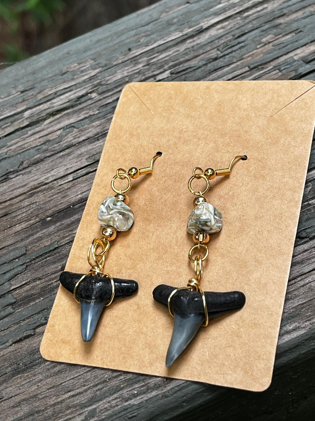 Luster & Lemon | Fossil Lemon Shark Tooth & Mother of Pearl Drop Earrings | Handmade Gift