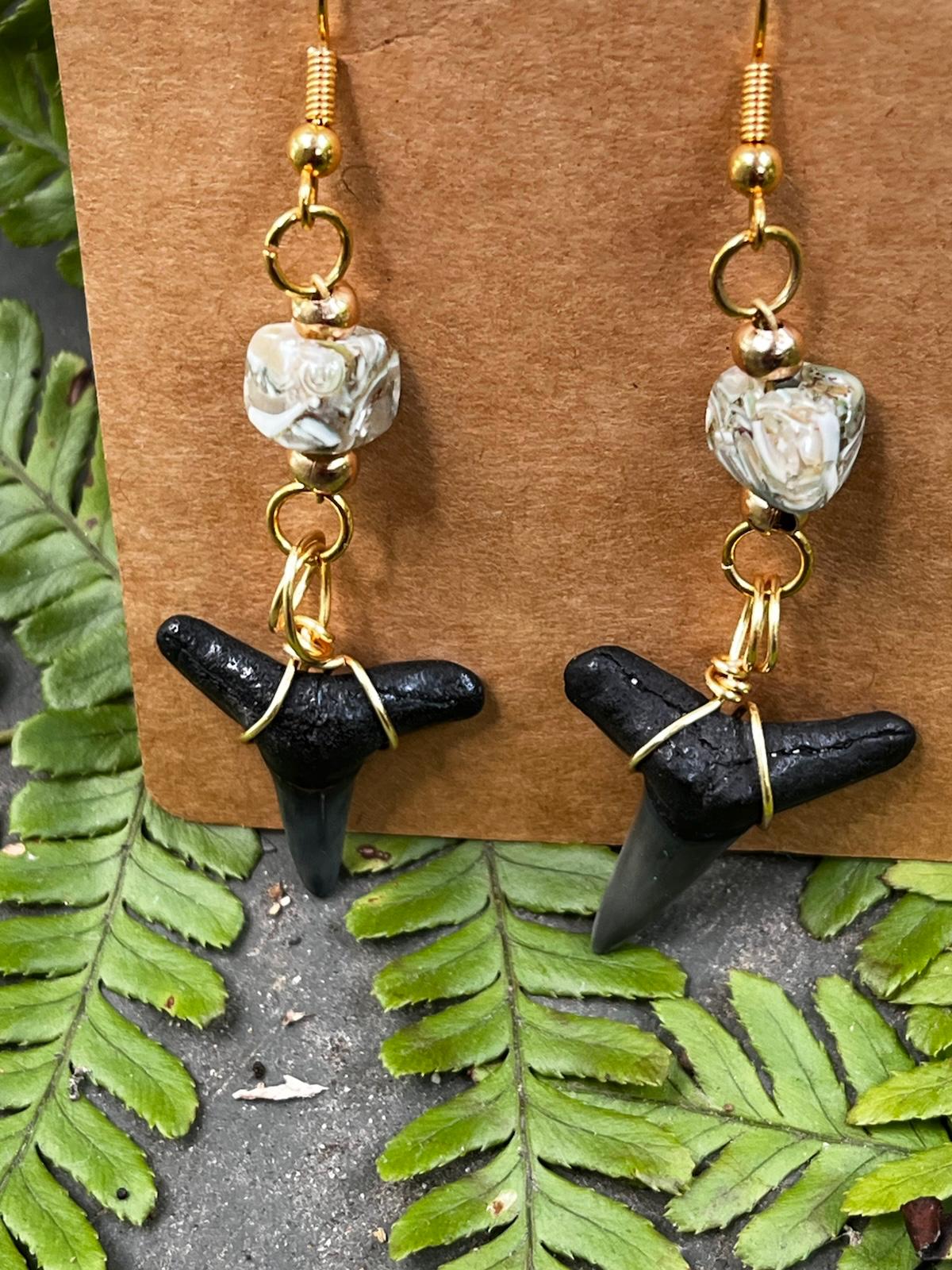 Luster & Lemon | Fossil Lemon Shark Tooth & Mother of Pearl Drop Earrings | Handmade Gift
