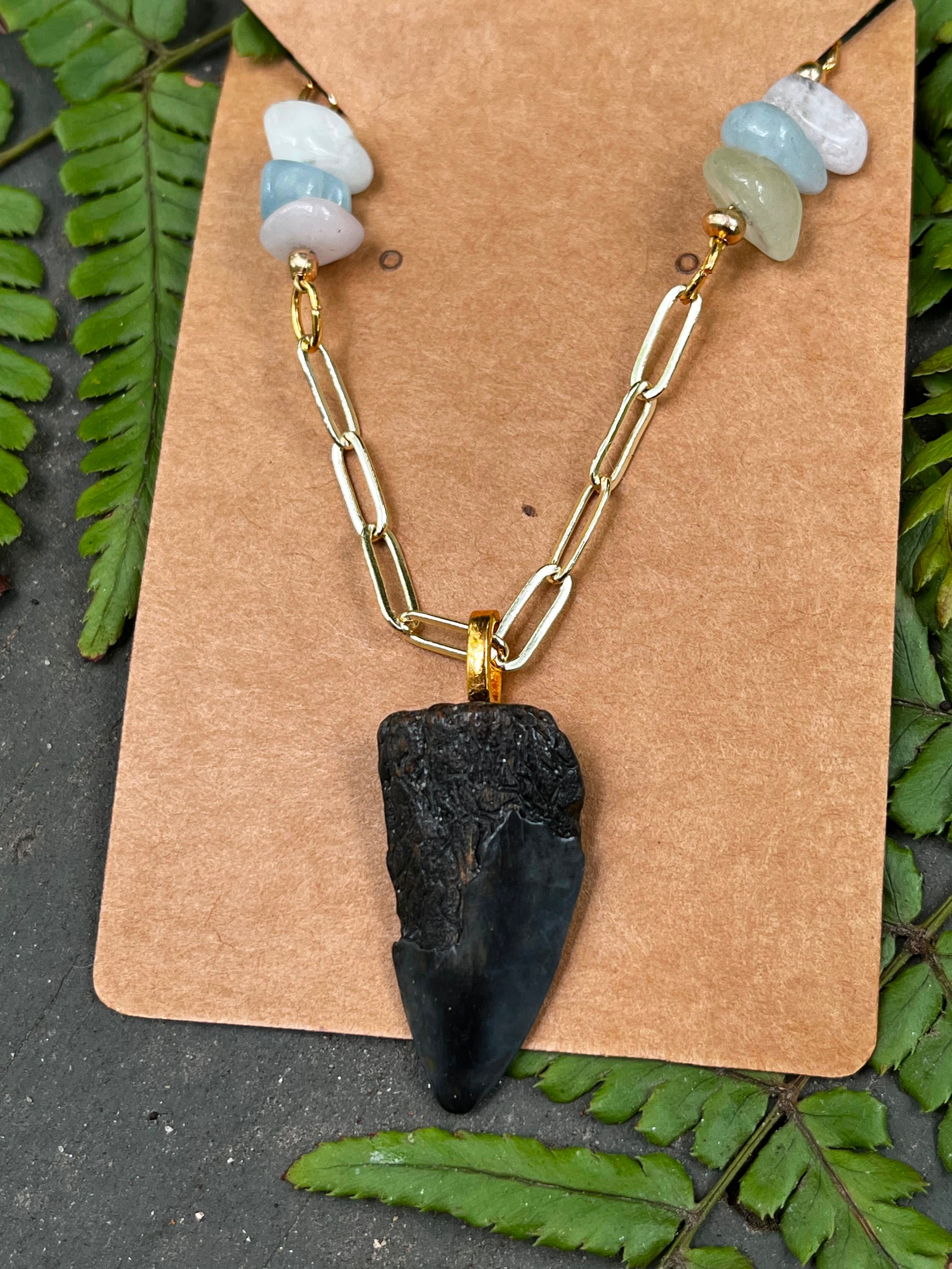 Beautifully Broken | Rare Fossil Hastalis Shark Tooth & Morganite Statement Necklace | One of a Kind Gift