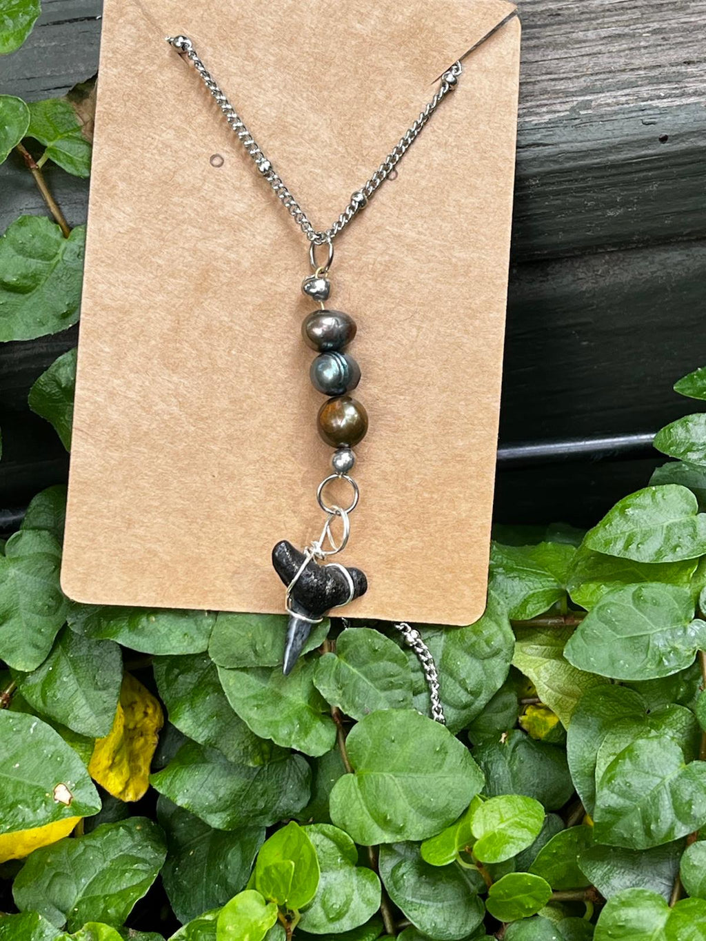 Silver Moon | Fossil Lemon Shark Tooth & Freshwater Pearl Necklace | Handmade Gift Jewelry