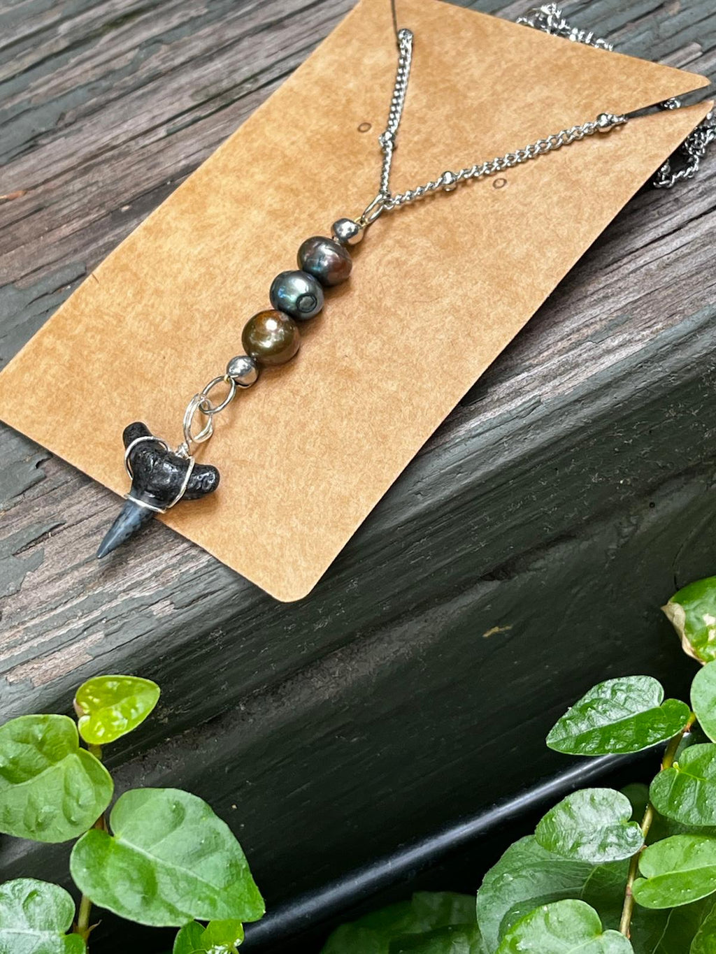 Silver Moon | Fossil Lemon Shark Tooth & Freshwater Pearl Necklace | Handmade Gift Jewelry