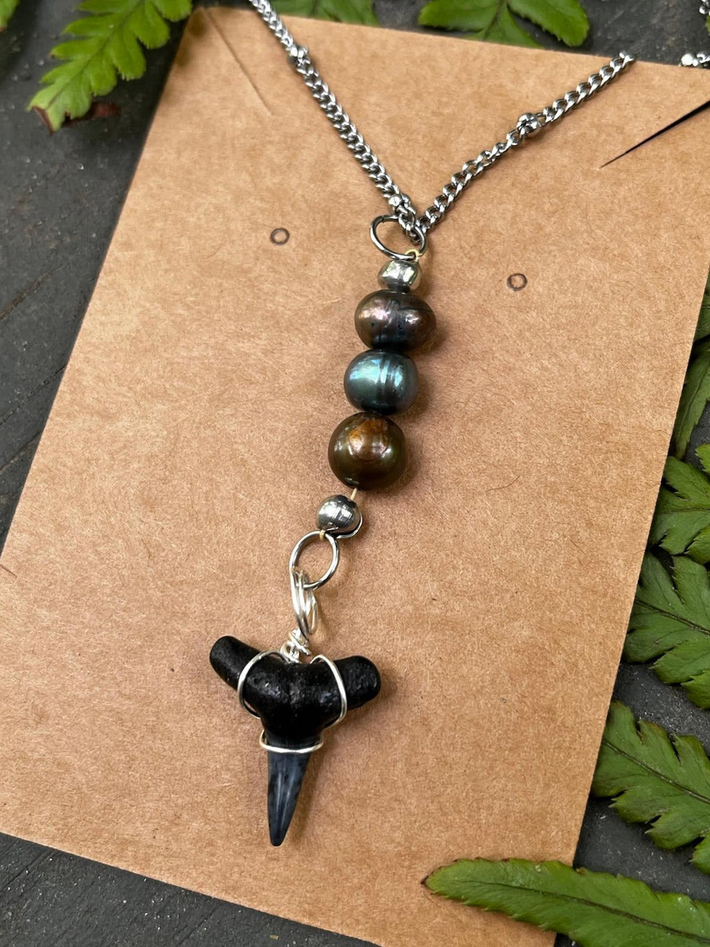 Silver Moon | Fossil Lemon Shark Tooth & Freshwater Pearl Necklace | Handmade Gift Jewelry