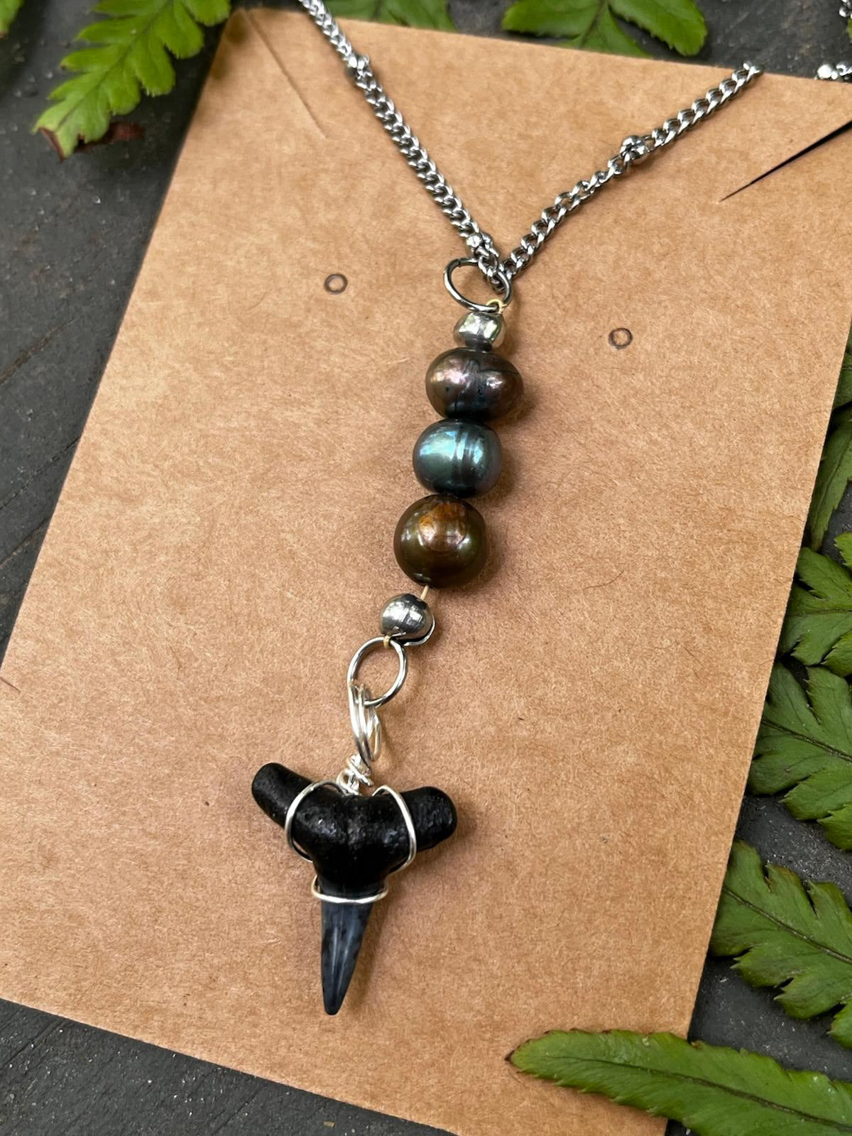 Silver Moon | Fossil Lemon Shark Tooth & Freshwater Pearl Necklace | Handmade Gift Jewelry
