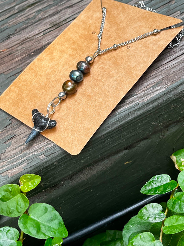 Silver Moon | Fossil Lemon Shark Tooth & Freshwater Pearl Necklace | Handmade Gift Jewelry