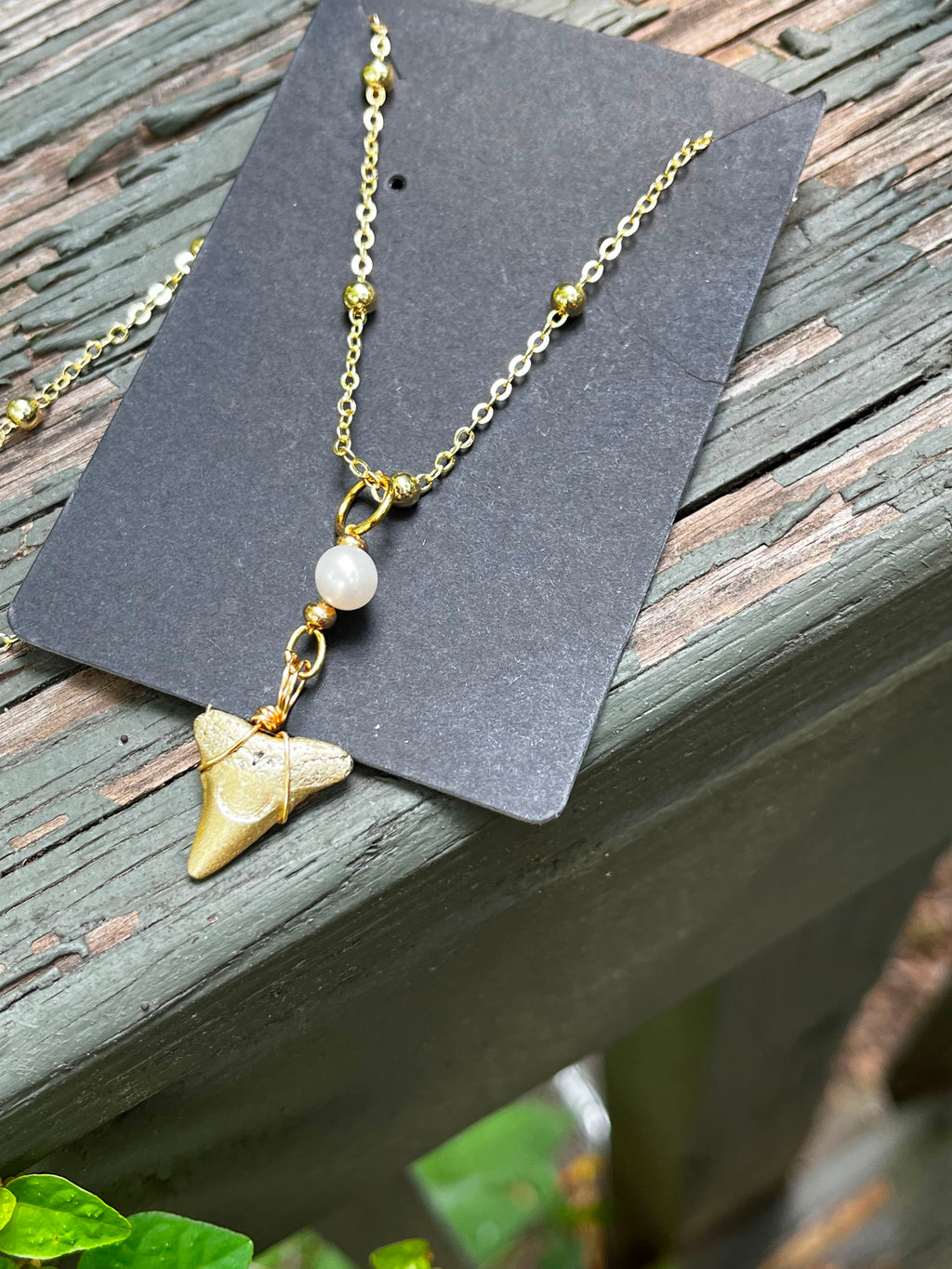 Grace & Grit | Gold-Painted Bull Shark Tooth & Freshwater Pearl Necklace | Handmade Gift for Her