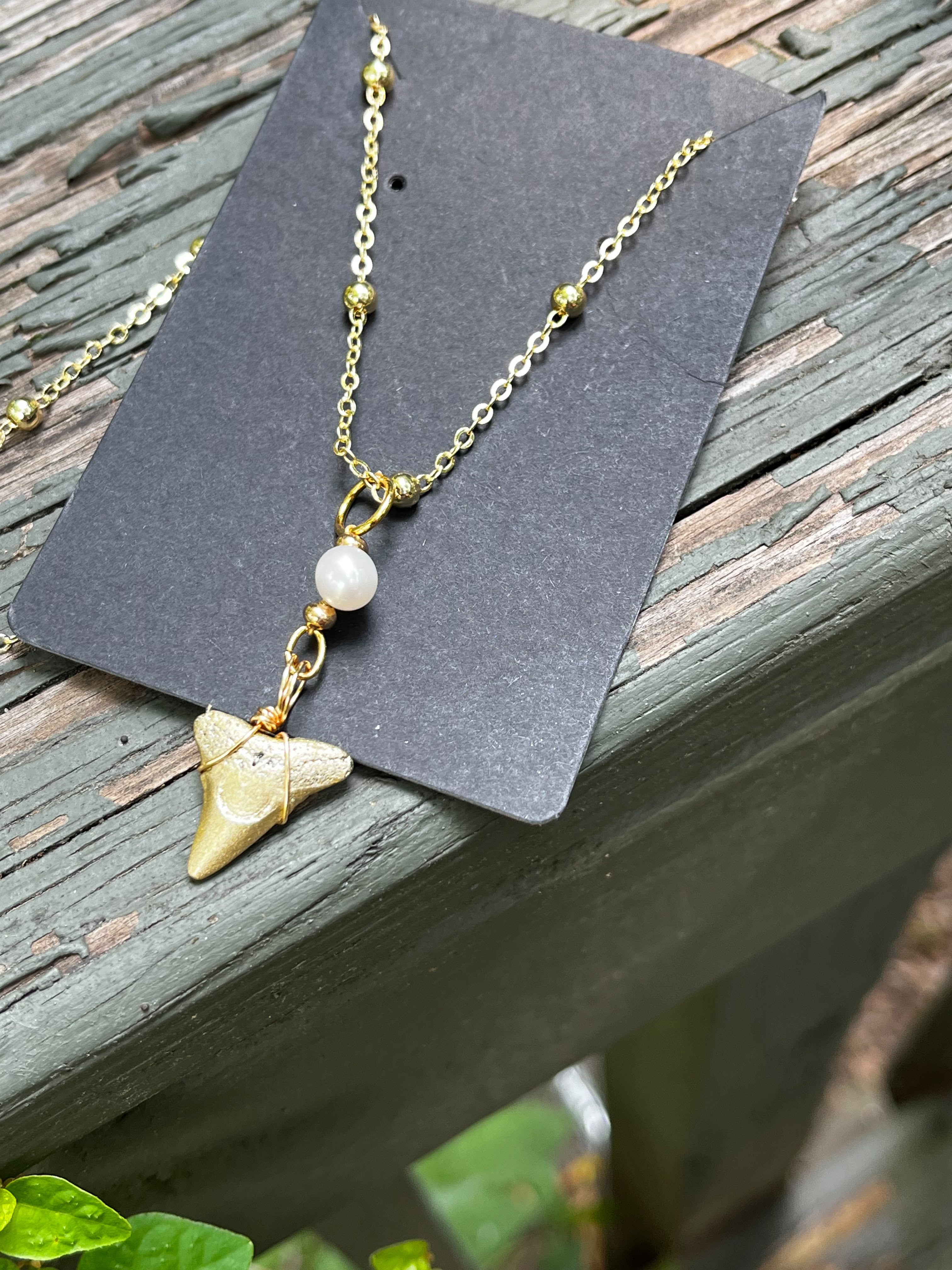 Grace & Grit | Gold-Painted Bull Shark Tooth & Freshwater Pearl Necklace | Handmade Gift for Her