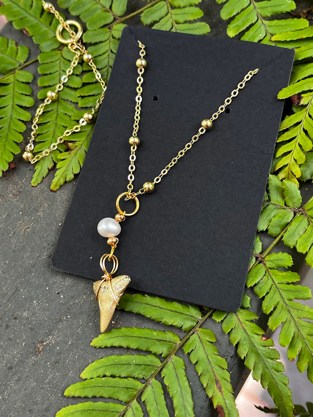 Grace & Grit | Gold-Painted Bull Shark Tooth & Freshwater Pearl Necklace | Handmade Gift for Her