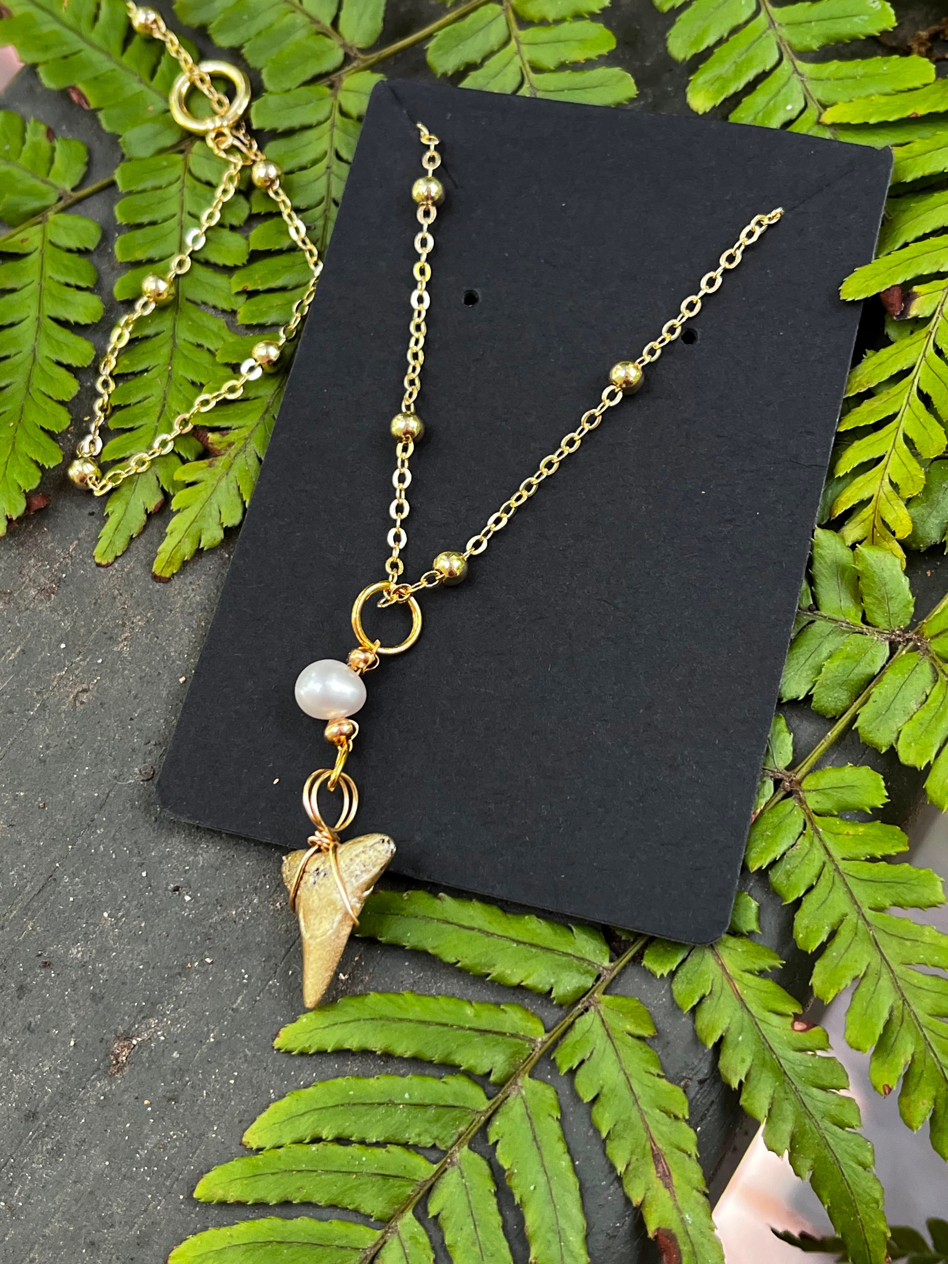 Grace & Grit | Gold-Painted Bull Shark Tooth & Freshwater Pearl Necklace | Handmade Gift for Her