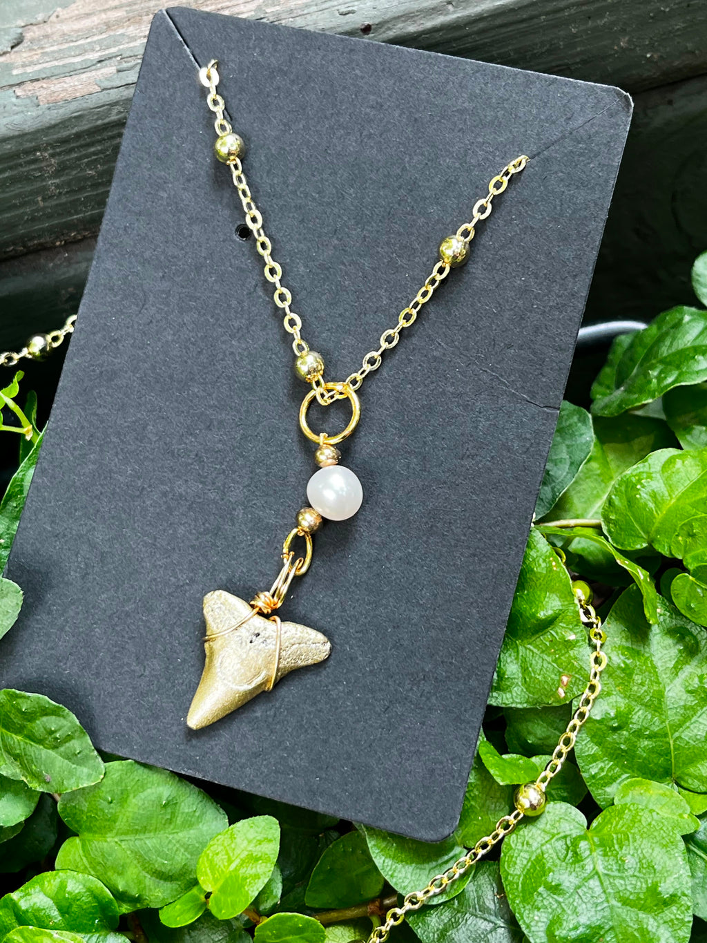 Grace & Grit | Gold-Painted Bull Shark Tooth & Freshwater Pearl Necklace | Handmade Gift for Her