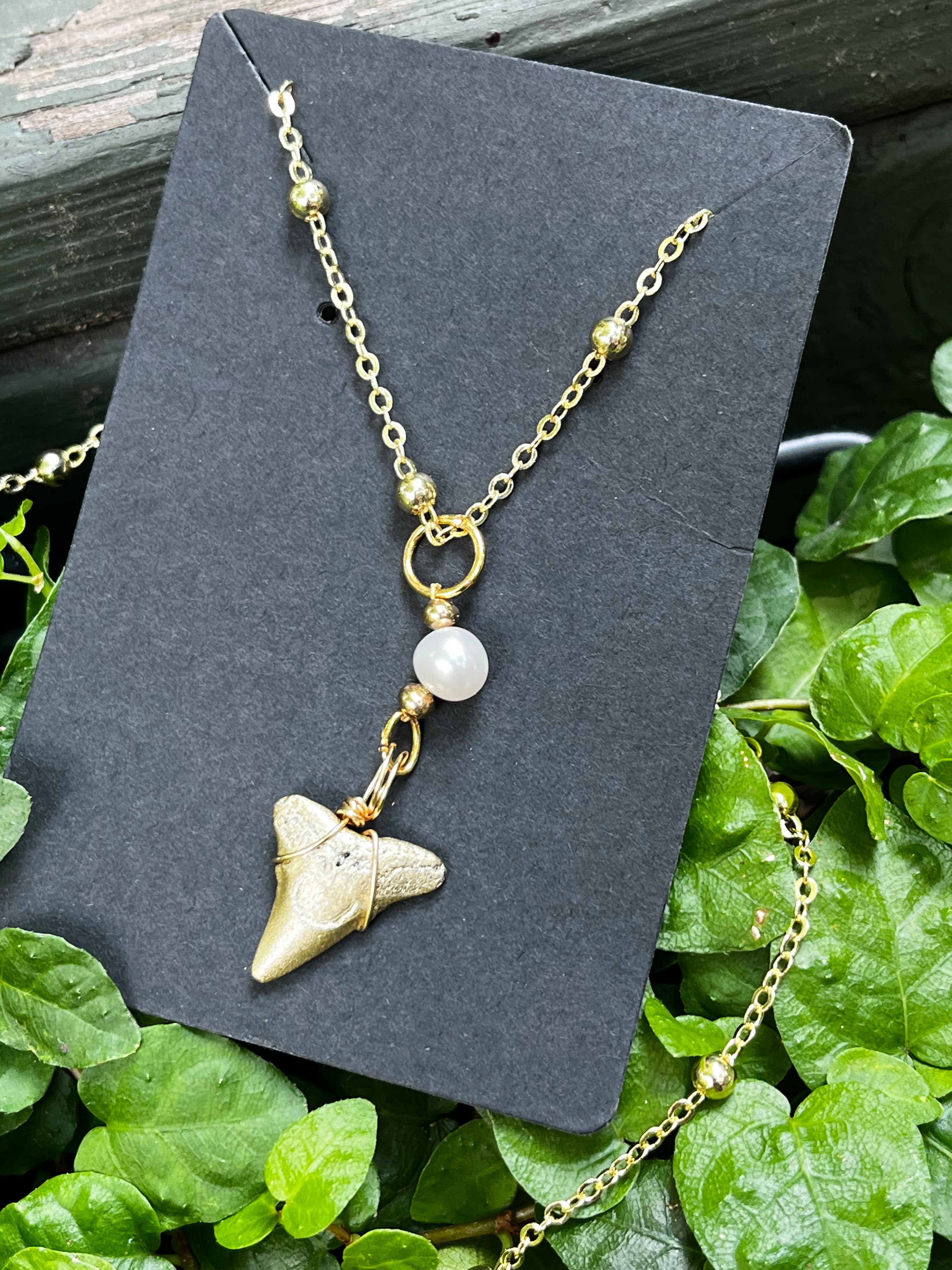 Grace & Grit | Gold-Painted Bull Shark Tooth & Freshwater Pearl Necklace | Handmade Gift for Her