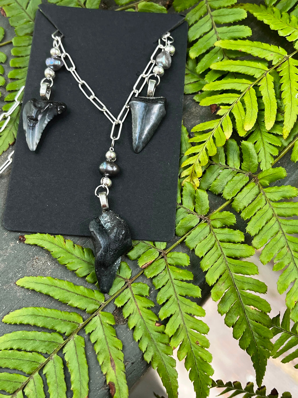 Undertow | Sterling Silver Triple Fossil Shark Tooth Necklace | One of a Kind Gift