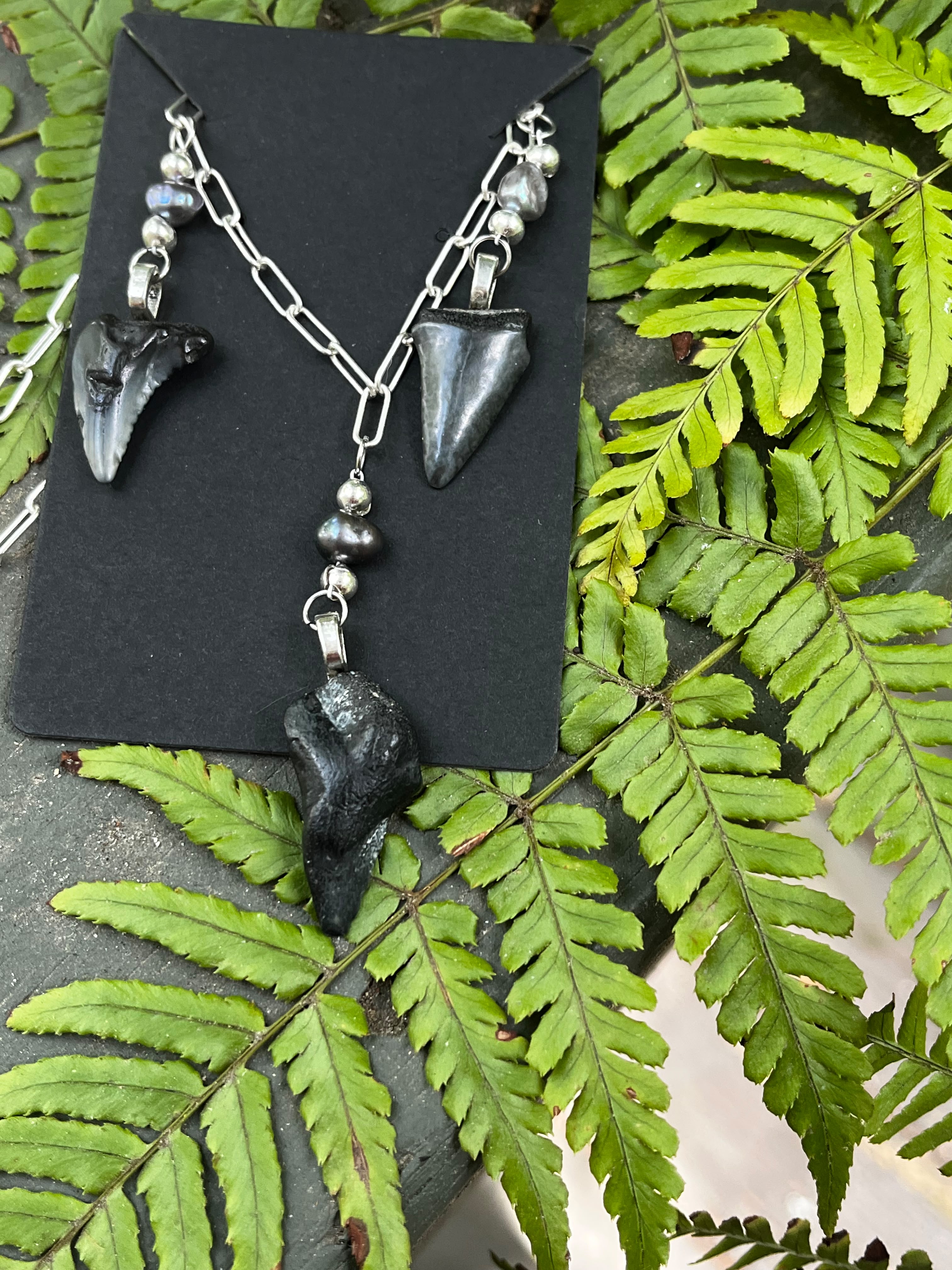 Undertow | Sterling Silver Triple Fossil Shark Tooth Necklace | One of a Kind Gift