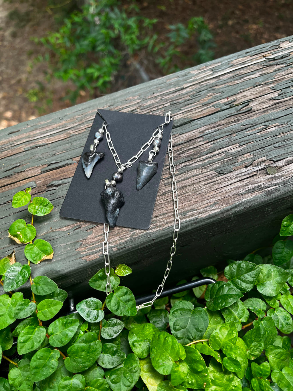 Undertow | Sterling Silver Triple Fossil Shark Tooth Necklace | One of a Kind Gift