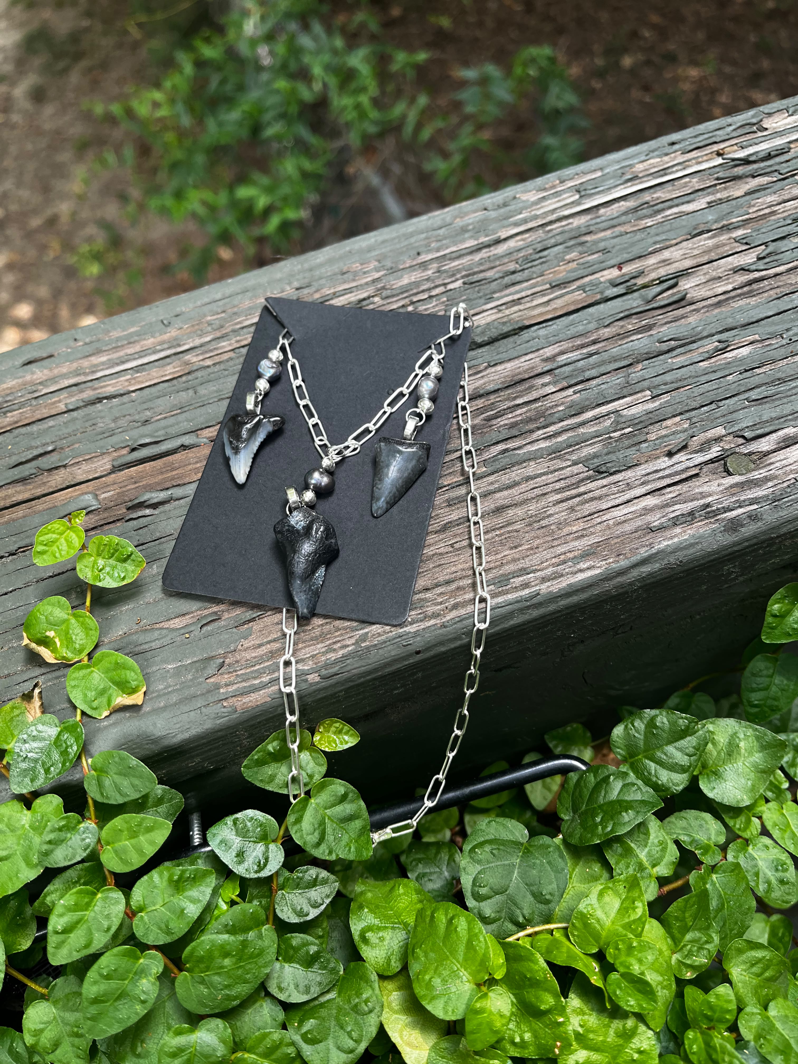 Undertow | Sterling Silver Triple Fossil Shark Tooth Necklace | One of a Kind Gift