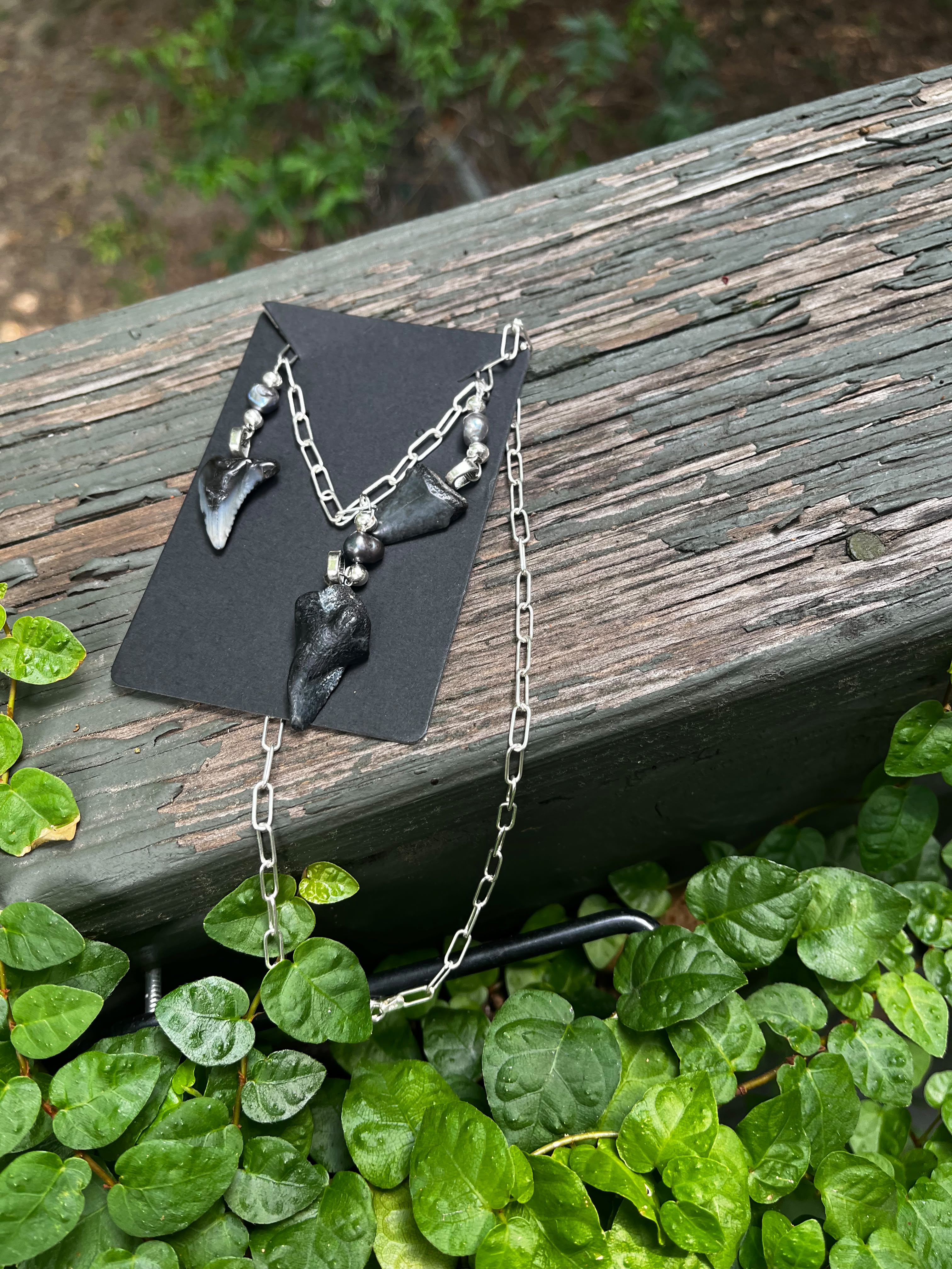 Undertow | Sterling Silver Triple Fossil Shark Tooth Necklace | One of a Kind Gift