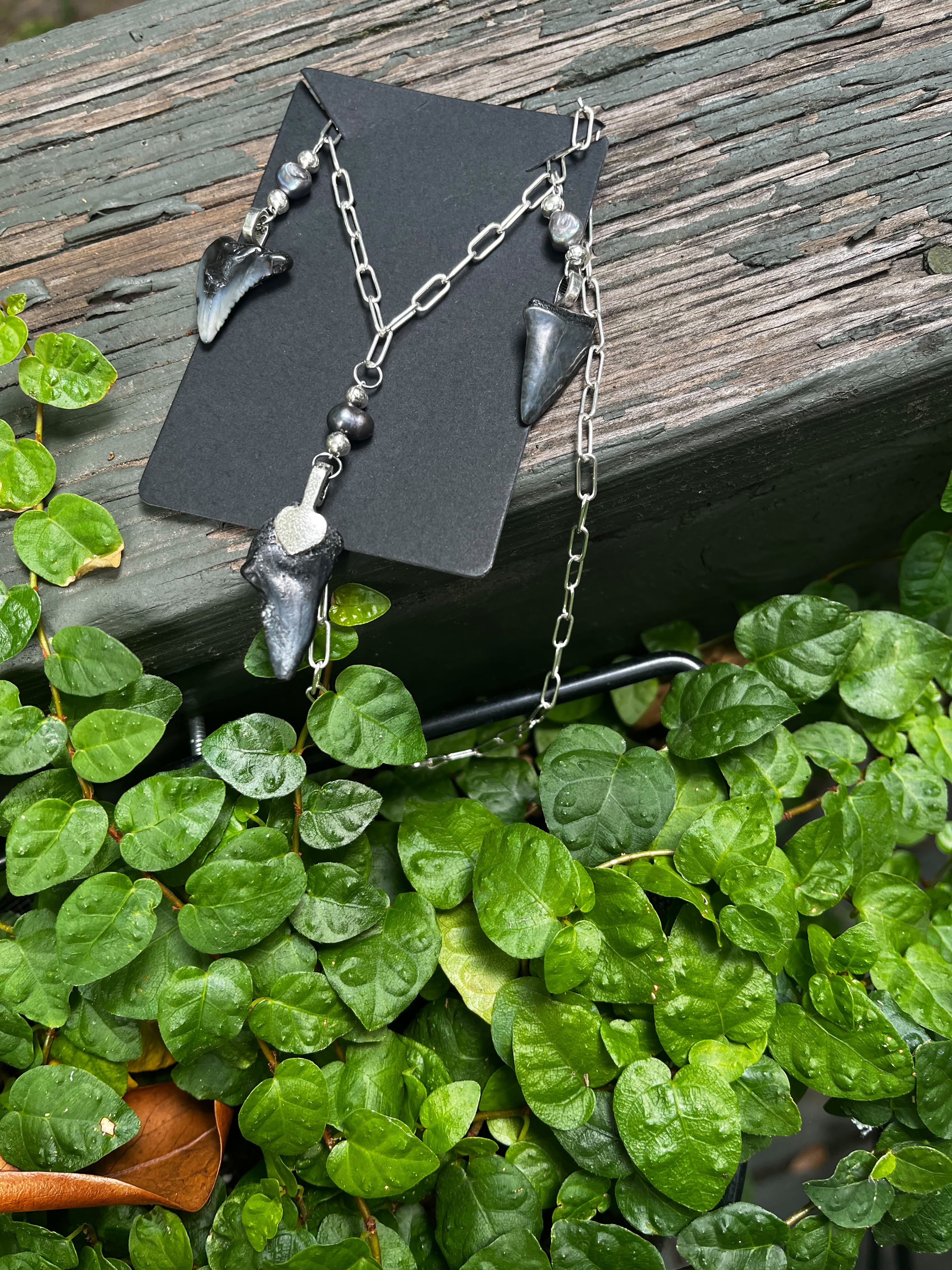 Undertow | Sterling Silver Triple Fossil Shark Tooth Necklace | One of a Kind Gift