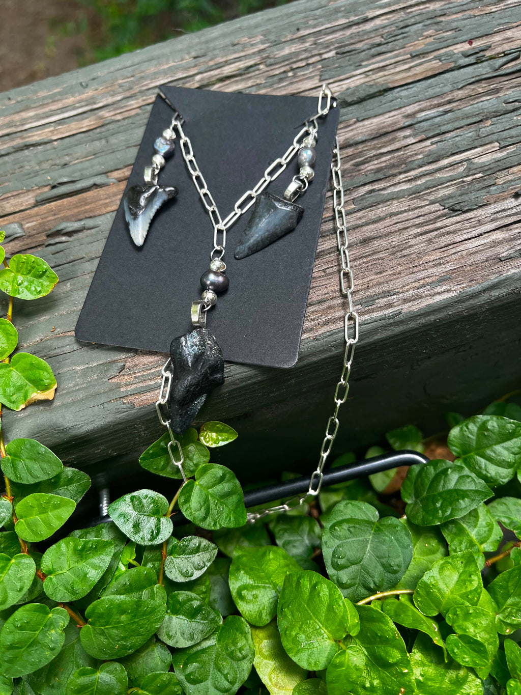 Undertow | Sterling Silver Triple Fossil Shark Tooth Necklace | One of a Kind Gift