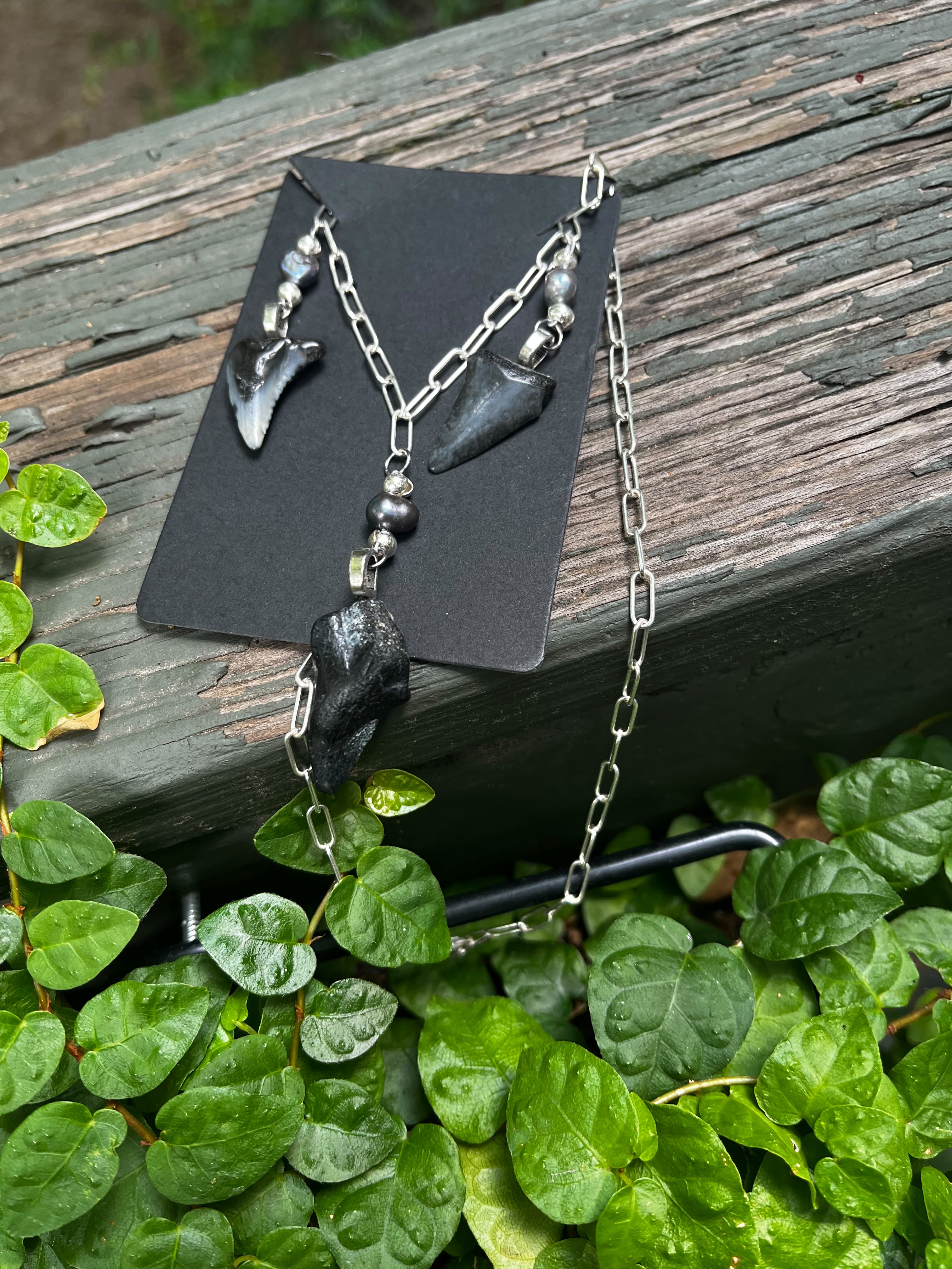 Undertow | Sterling Silver Triple Fossil Shark Tooth Necklace | One of a Kind Gift