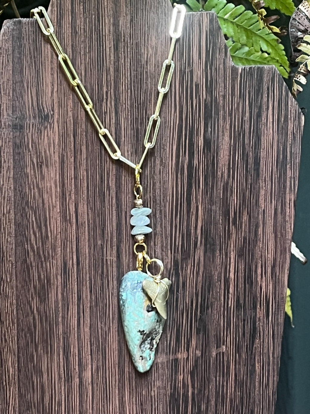 Tidepool | Gold-Gilded Fossil Bull Shark Tooth & Variscite Necklace | Handmade Gift Jewelry