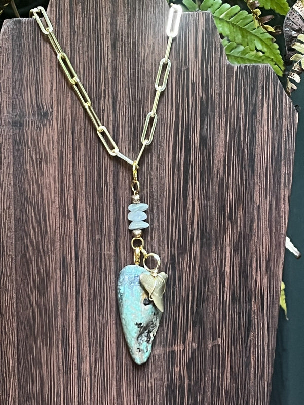 Tidepool | Gold-Gilded Fossil Bull Shark Tooth & Variscite Necklace | Handmade Gift Jewelry