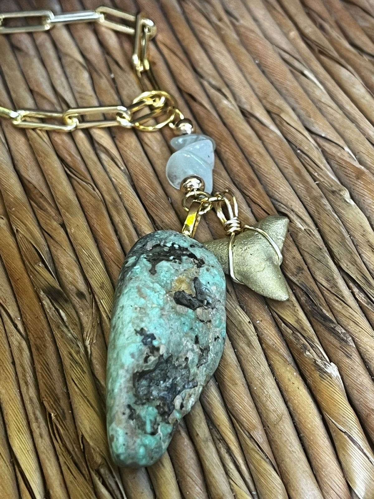 Tidepool | Gold-Gilded Fossil Bull Shark Tooth & Variscite Necklace | Handmade Gift Jewelry