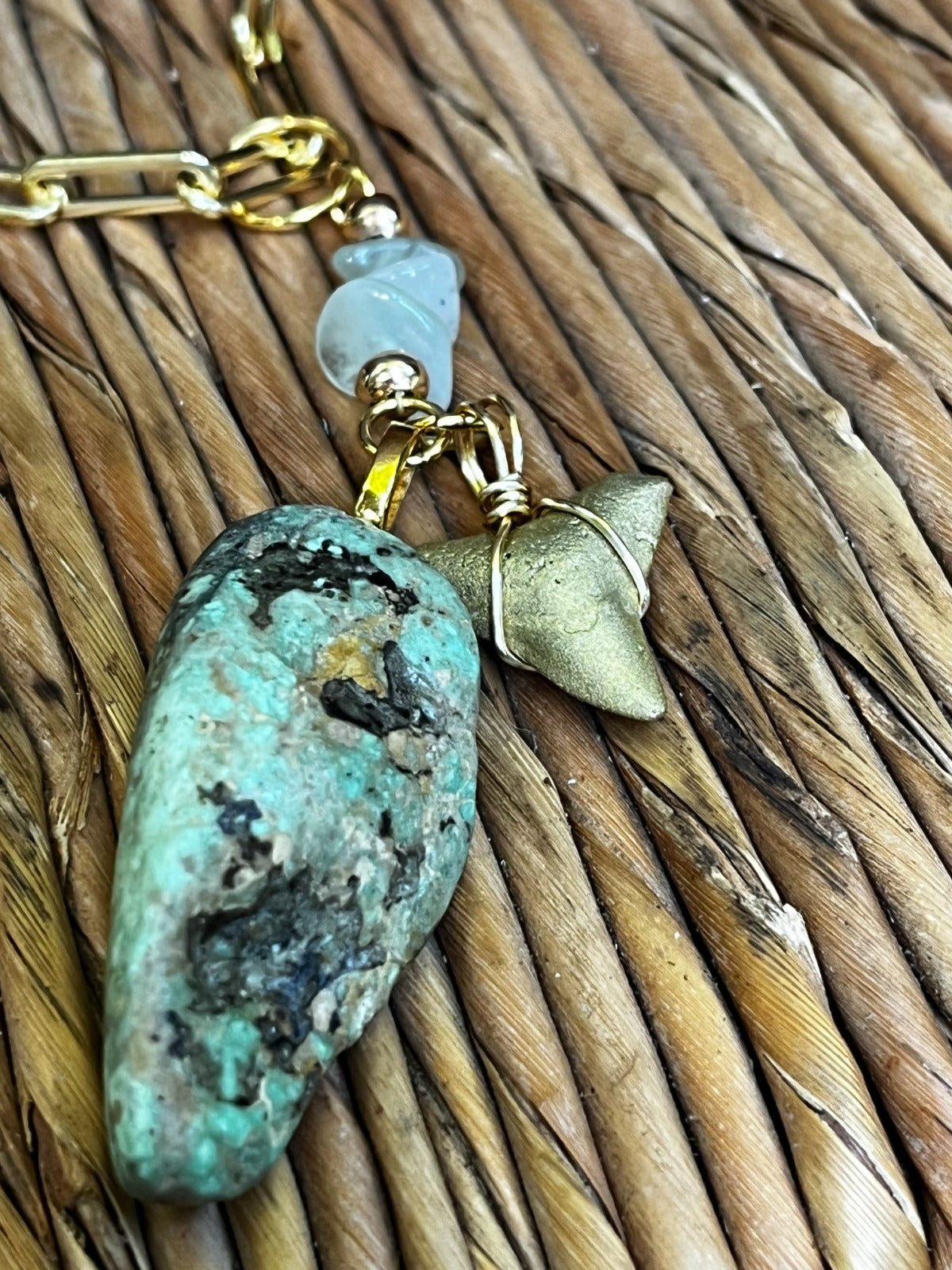 Tidepool | Gold-Gilded Fossil Bull Shark Tooth & Variscite Necklace | Handmade Gift Jewelry