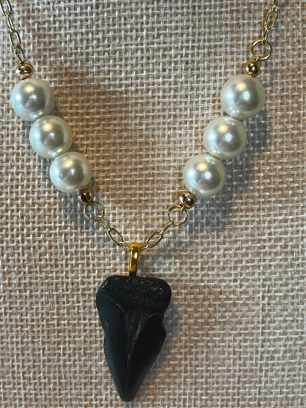 Time & Tide | Fossil Hastalis Shark Tooth & Pearl Necklace | Handmade Gift for Her