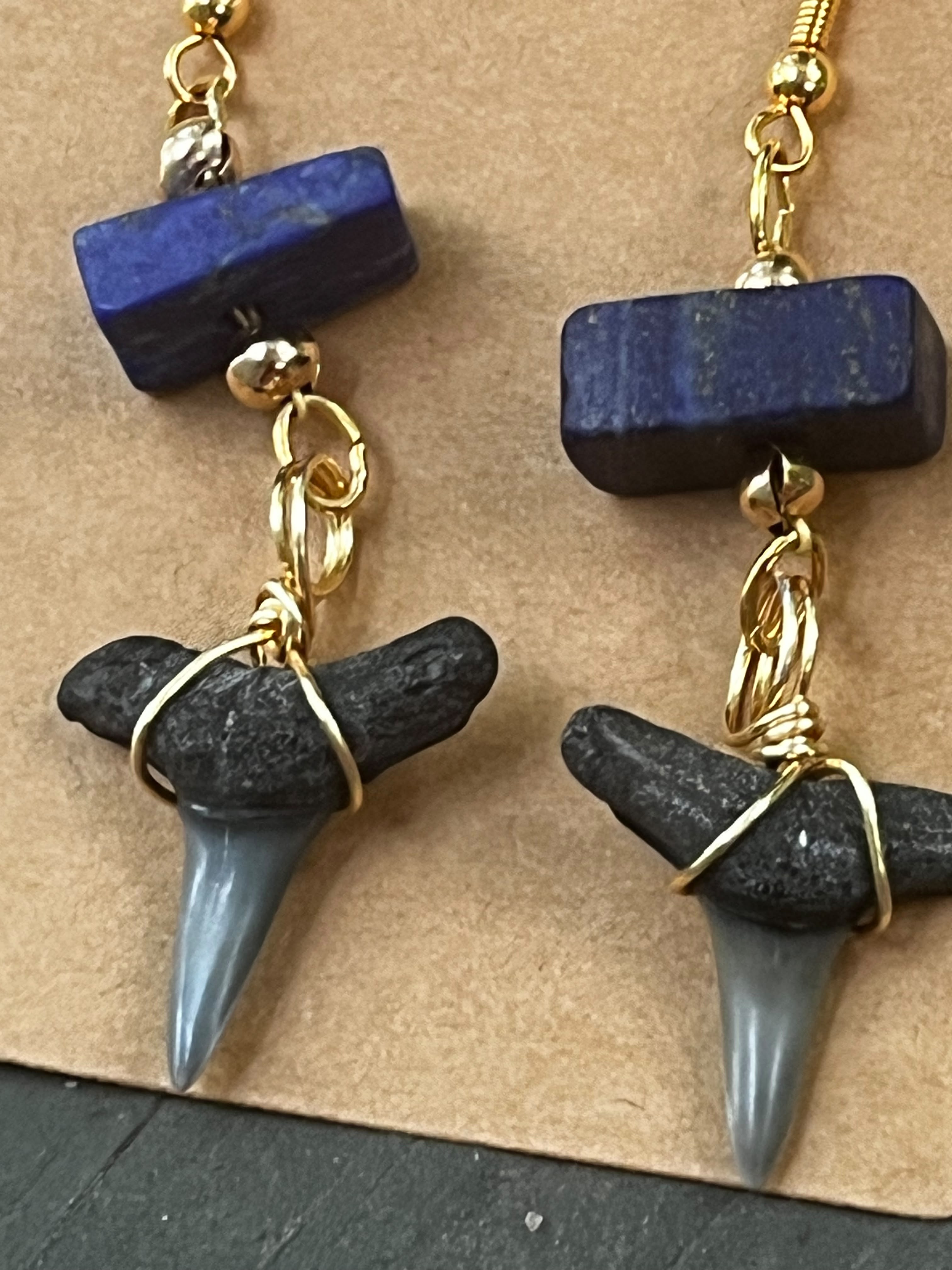 True Blue | Lapis Lazuli & Fossil Shark Tooth Earrings | Handmade Gift Jewelry
