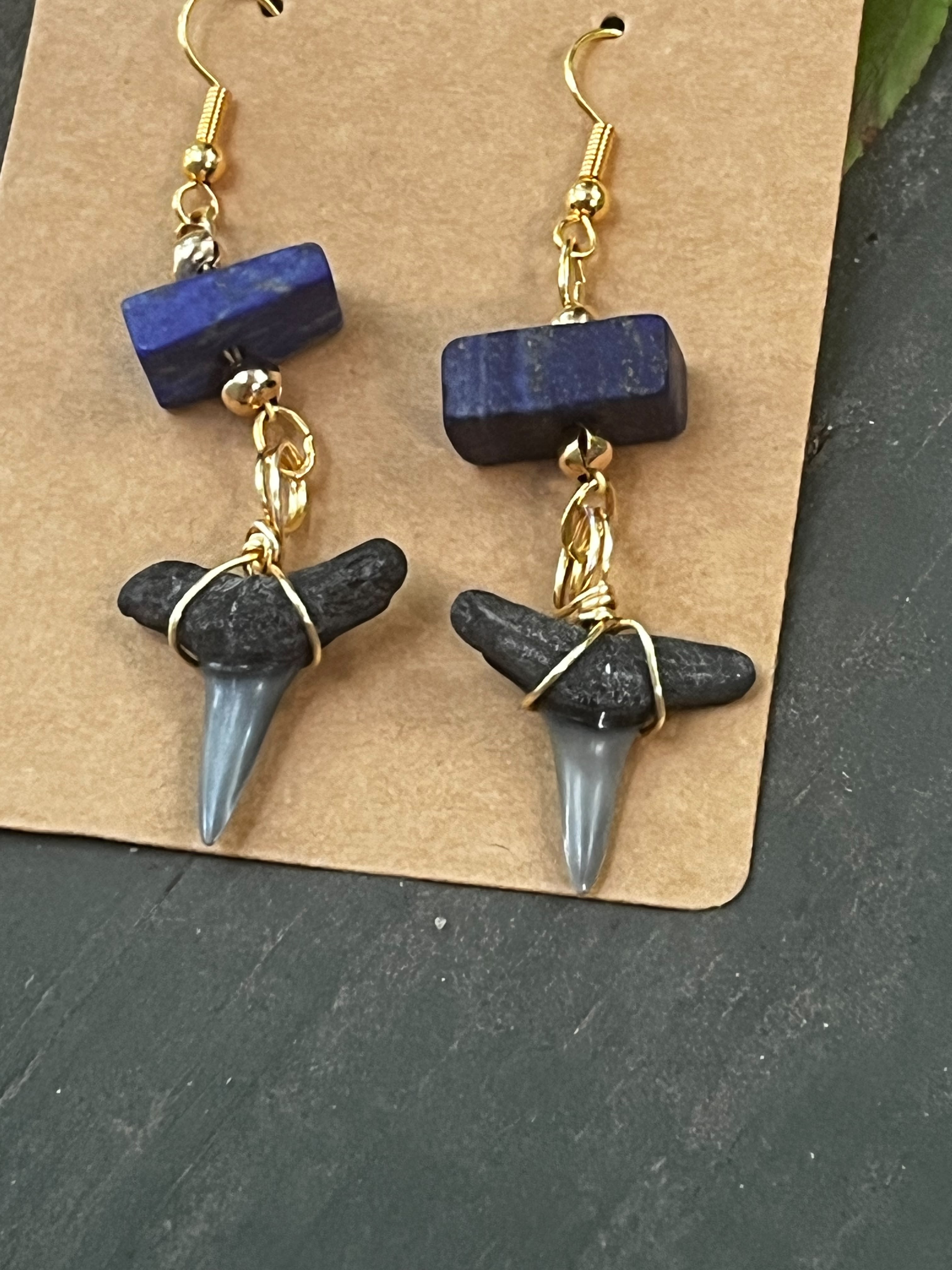 True Blue | Lapis Lazuli & Fossil Shark Tooth Earrings | Handmade Gift Jewelry