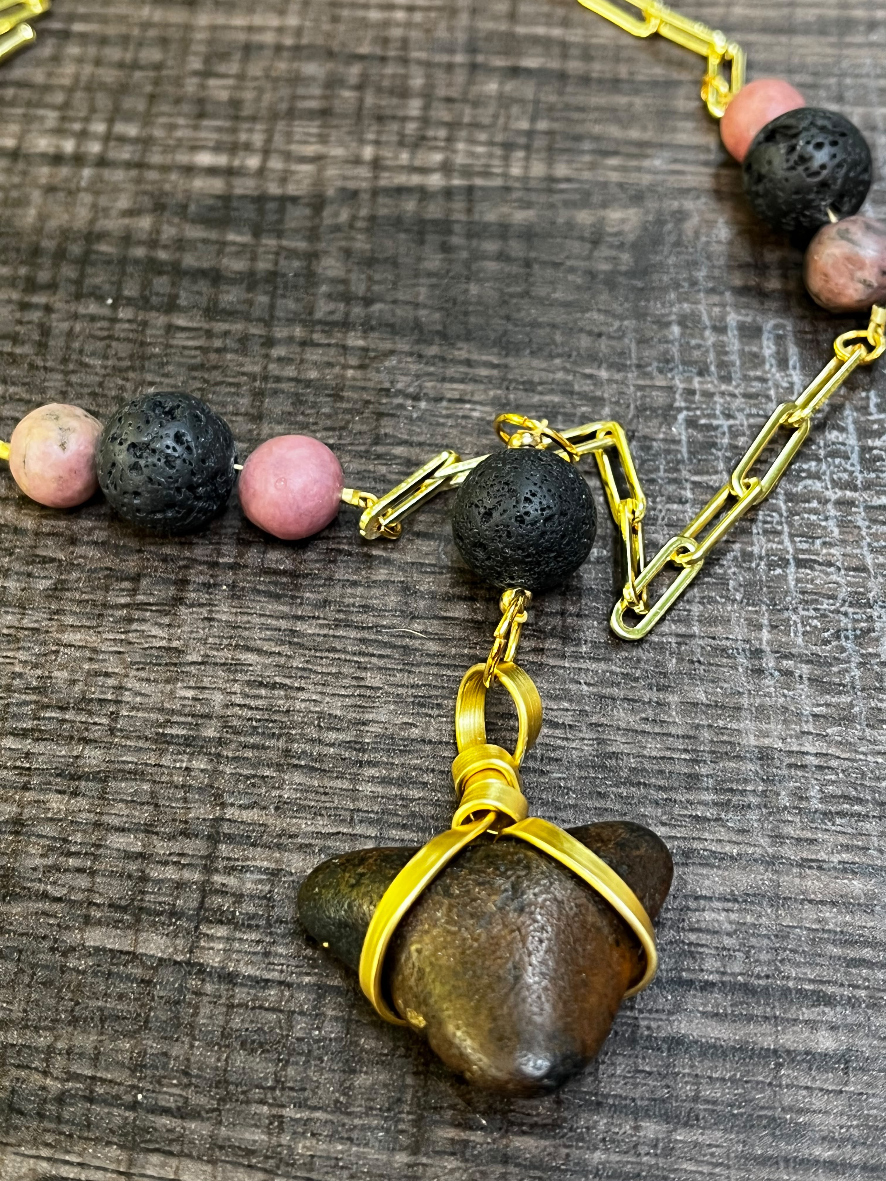 She Came Back | Fossil Megalodon Tooth, Rhodonite & Lava Stone Necklace | Handmade Gift for Her