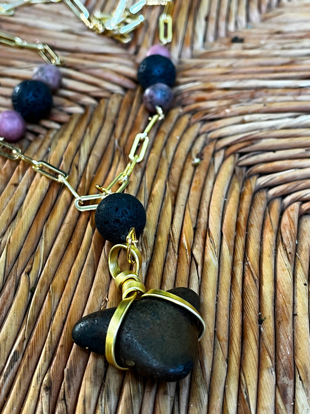 She Came Back | Fossil Megalodon Tooth, Rhodonite & Lava Stone Necklace | Handmade Gift for Her