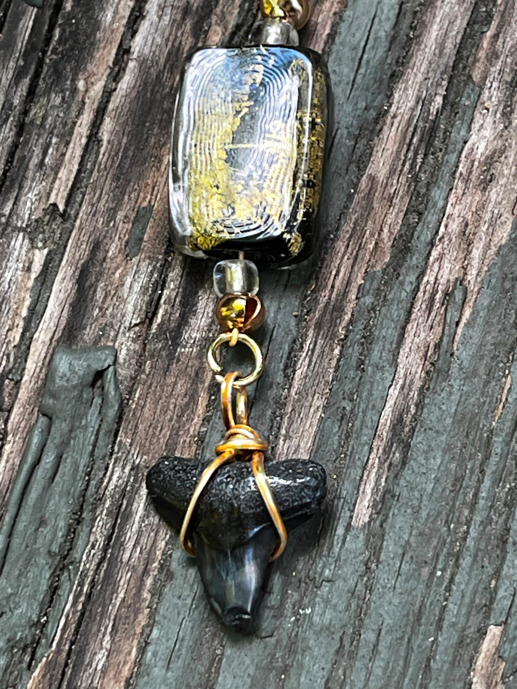 Midnight Gilt | Fossil Bull Shark Tooth & Gold Glass Necklace | Handmade Gift Jewelry