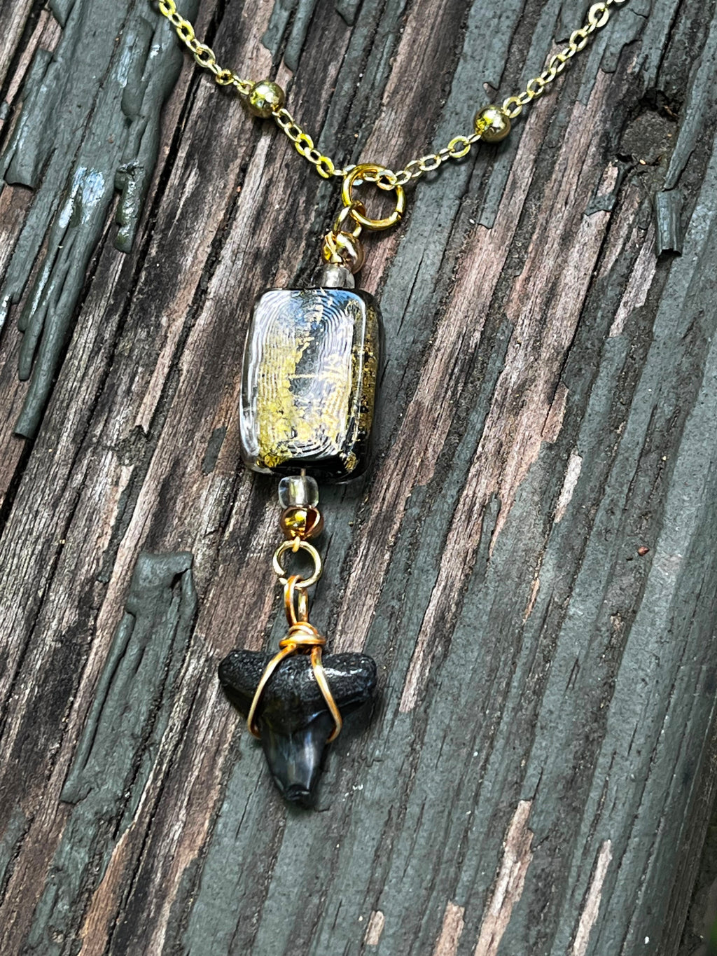 Midnight Gilt | Fossil Bull Shark Tooth & Gold Glass Necklace | Handmade Gift Jewelry