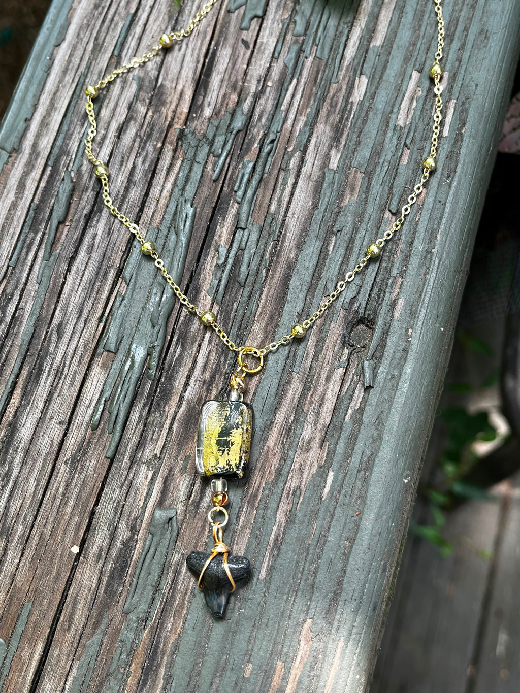 Midnight Gilt | Fossil Bull Shark Tooth & Gold Glass Necklace | Handmade Gift Jewelry