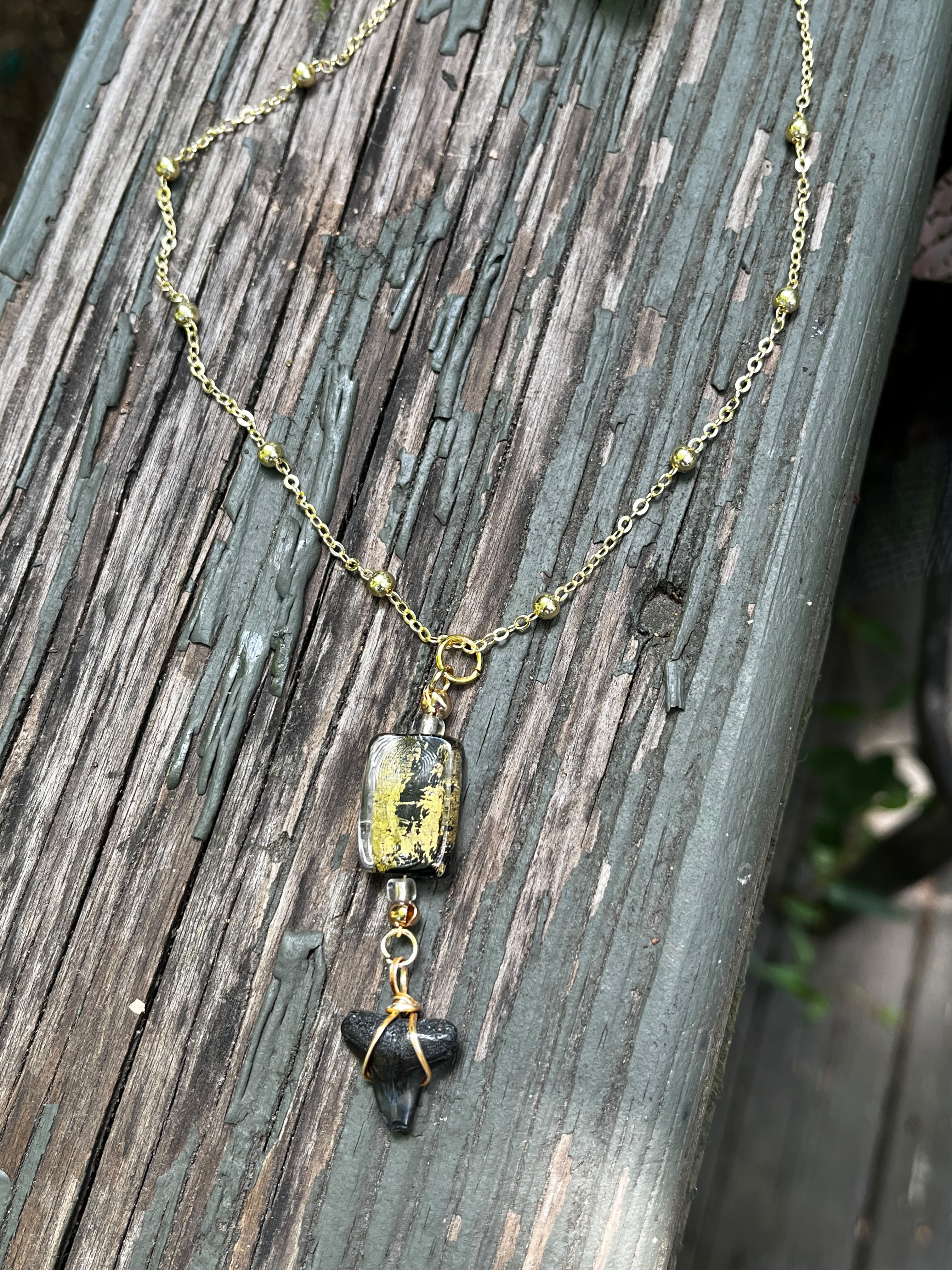 Midnight Gilt | Fossil Bull Shark Tooth & Gold Glass Necklace | Handmade Gift Jewelry