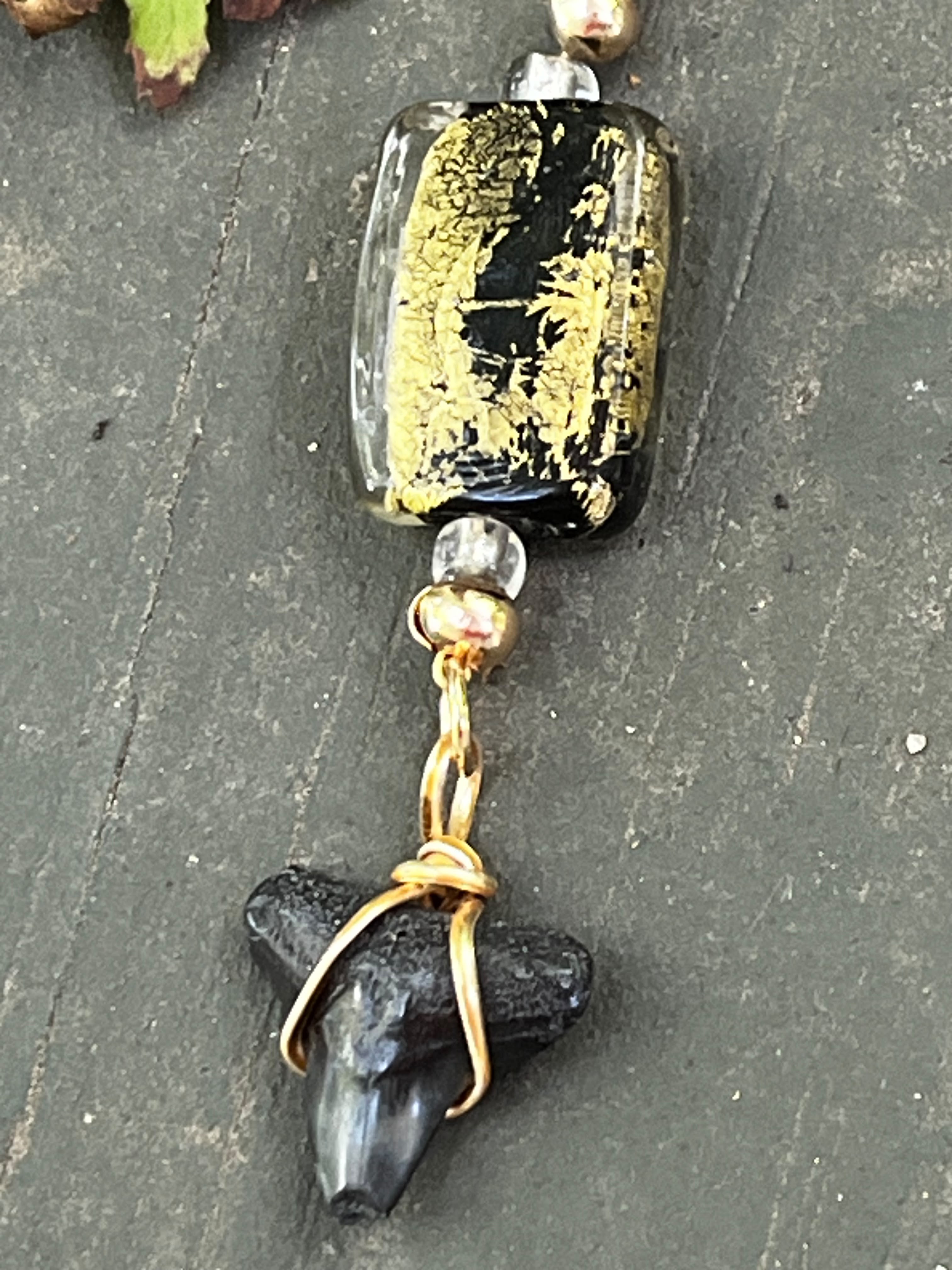 Midnight Gilt | Fossil Bull Shark Tooth & Gold Glass Necklace | Handmade Gift Jewelry