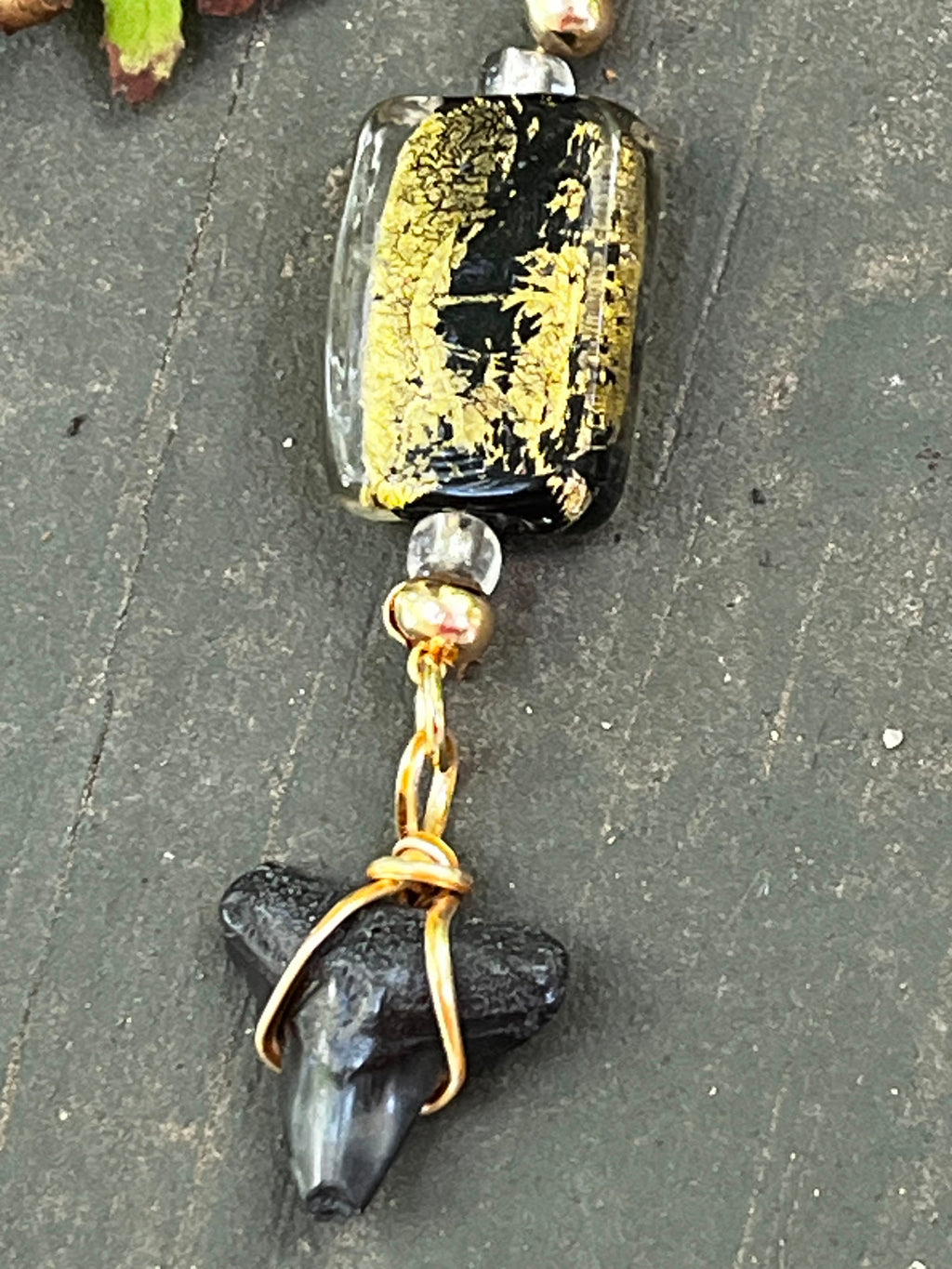 Midnight Gilt | Fossil Bull Shark Tooth & Gold Glass Necklace | Handmade Gift Jewelry