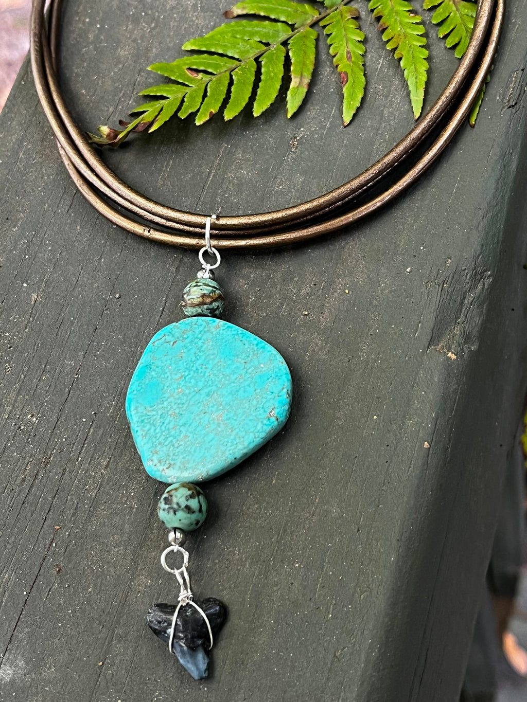 Rooted | Fossil Bull Shark Tooth & African Turquoise Leather Necklace | Handmade Gift for Her