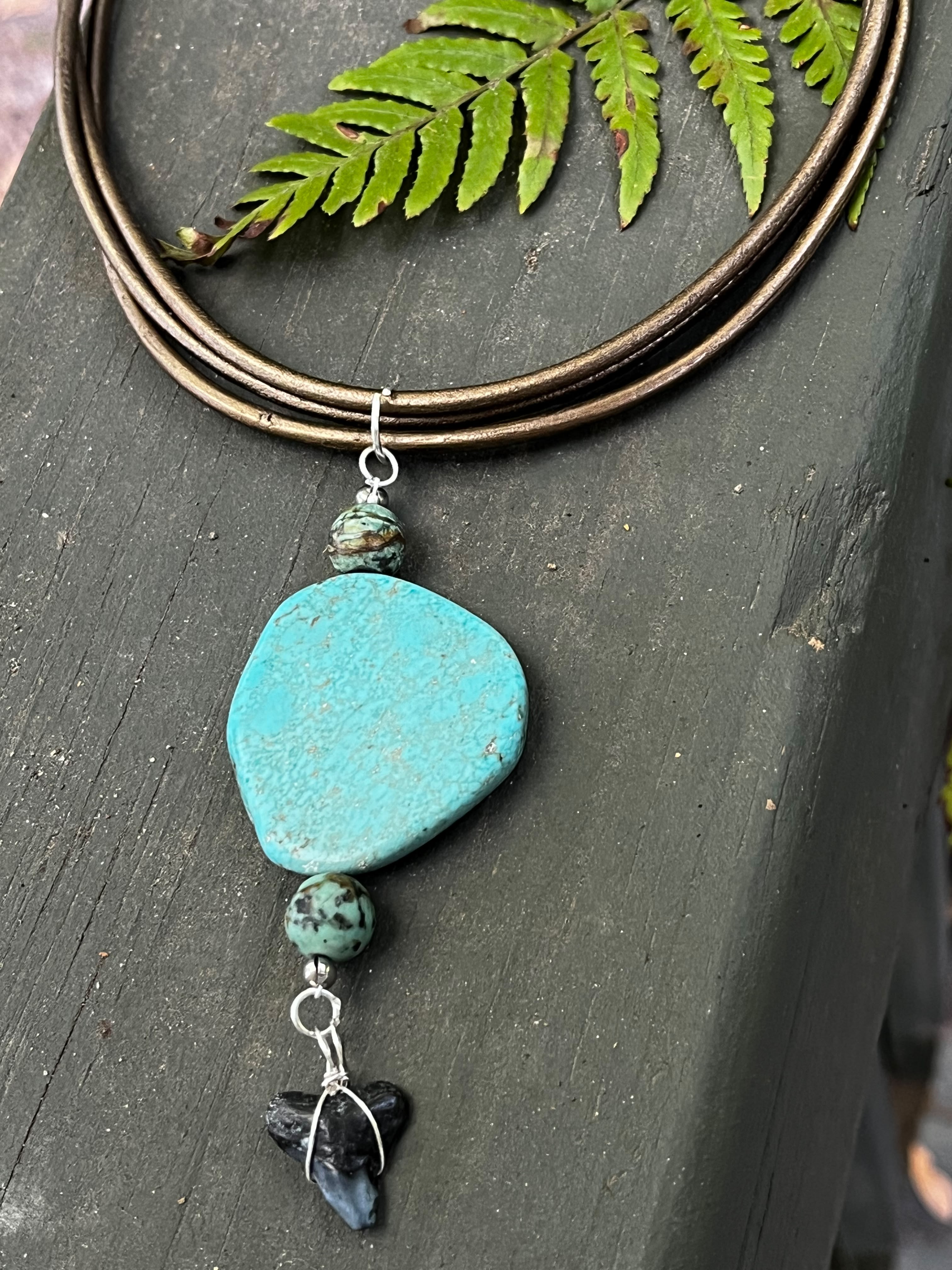 Rooted | Fossil Bull Shark Tooth & African Turquoise Leather Necklace | Handmade Gift for Her