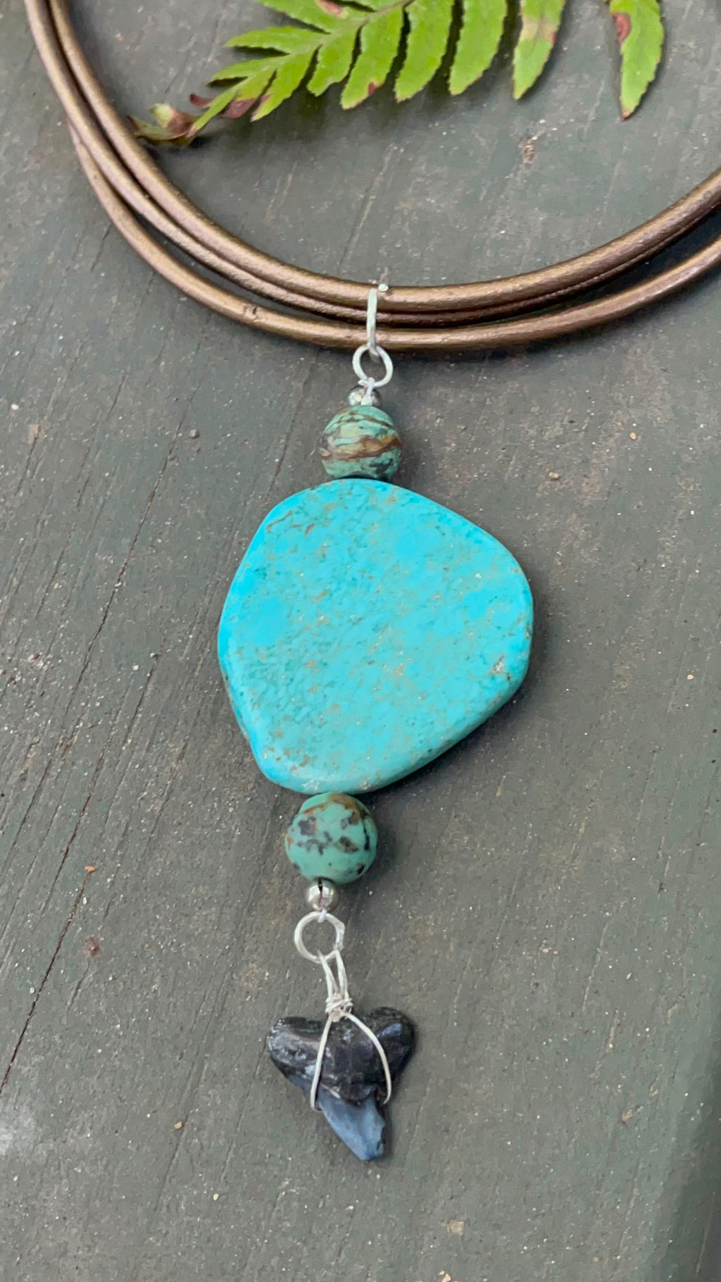 Rooted | Fossil Bull Shark Tooth & African Turquoise Leather Necklace | Handmade Gift for Her