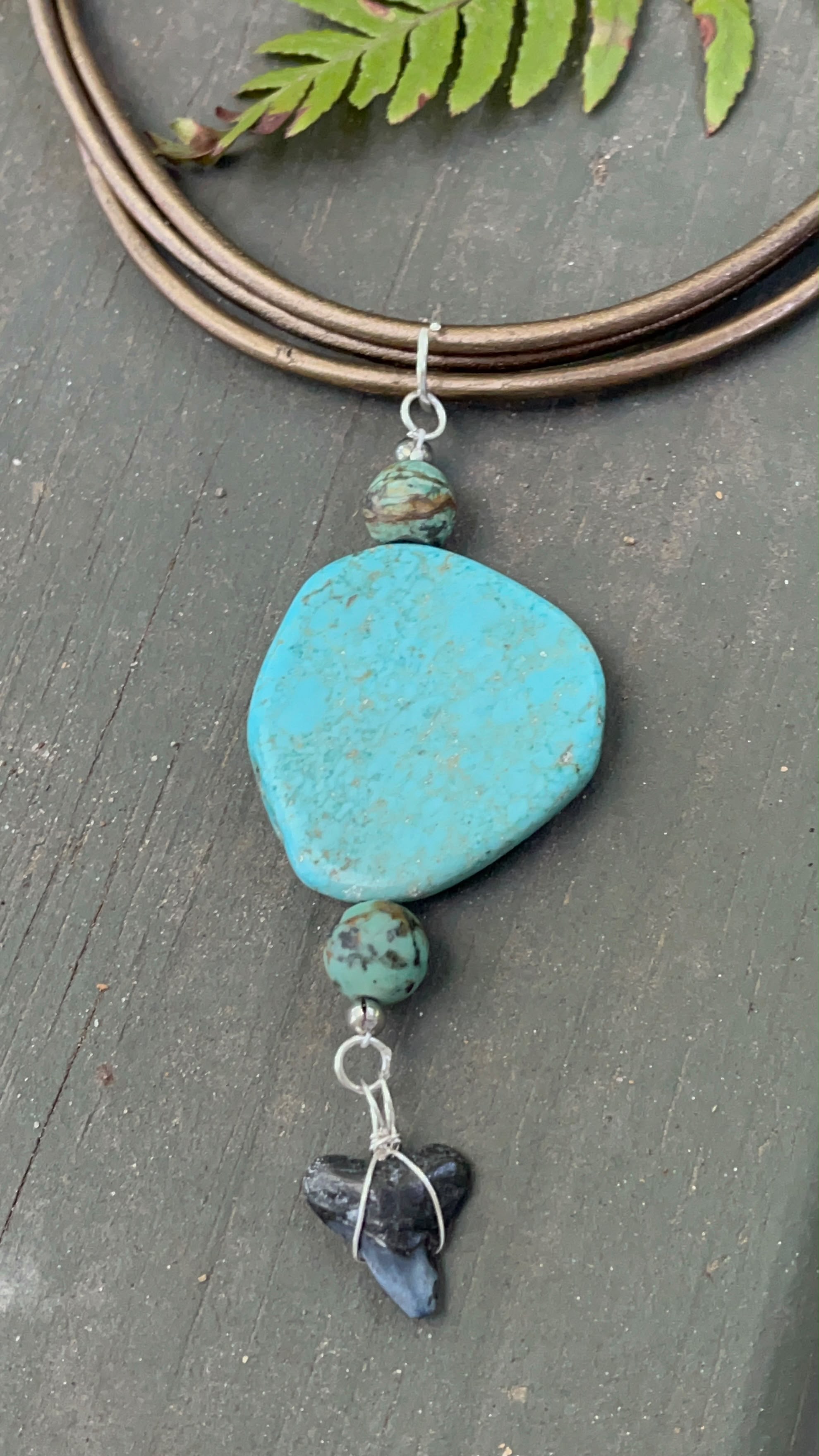 Rooted | Fossil Bull Shark Tooth & African Turquoise Leather Necklace | Handmade Gift for Her