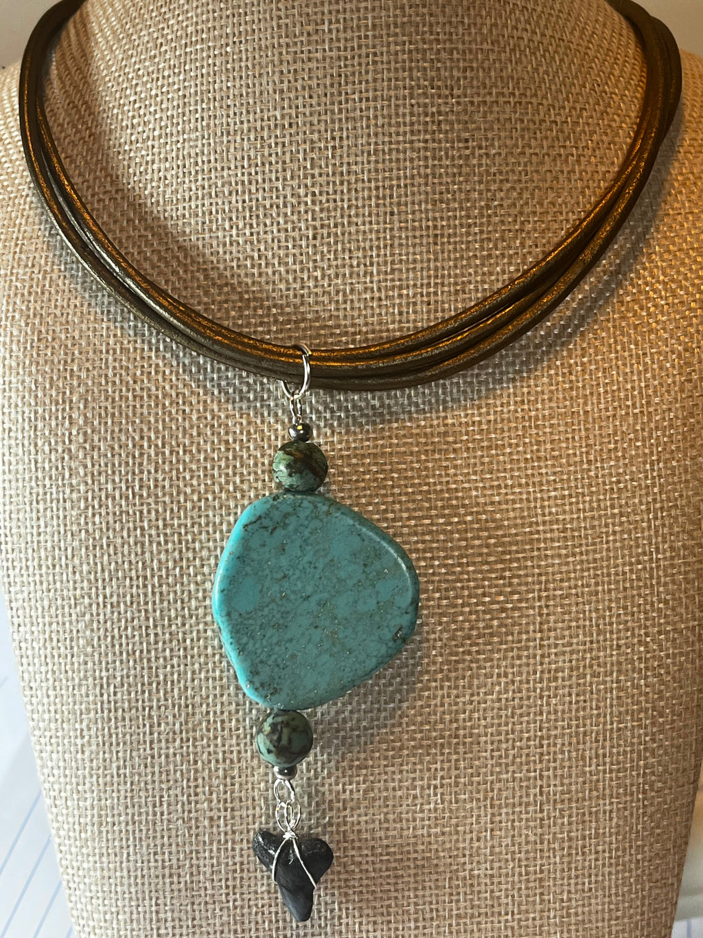 Rooted | Fossil Bull Shark Tooth & African Turquoise Leather Necklace | Handmade Gift for Her