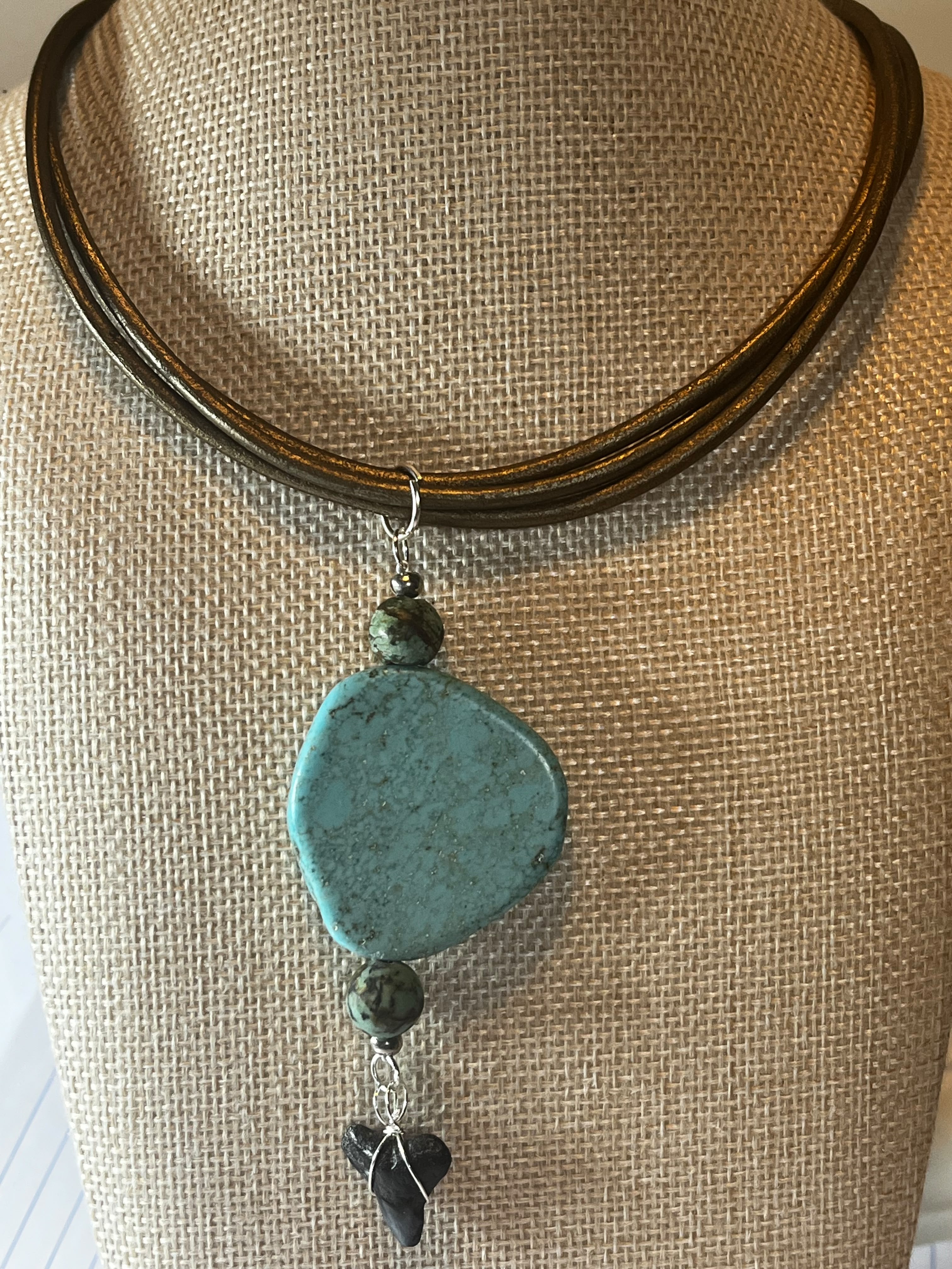 Rooted | Fossil Bull Shark Tooth & African Turquoise Leather Necklace | Handmade Gift for Her