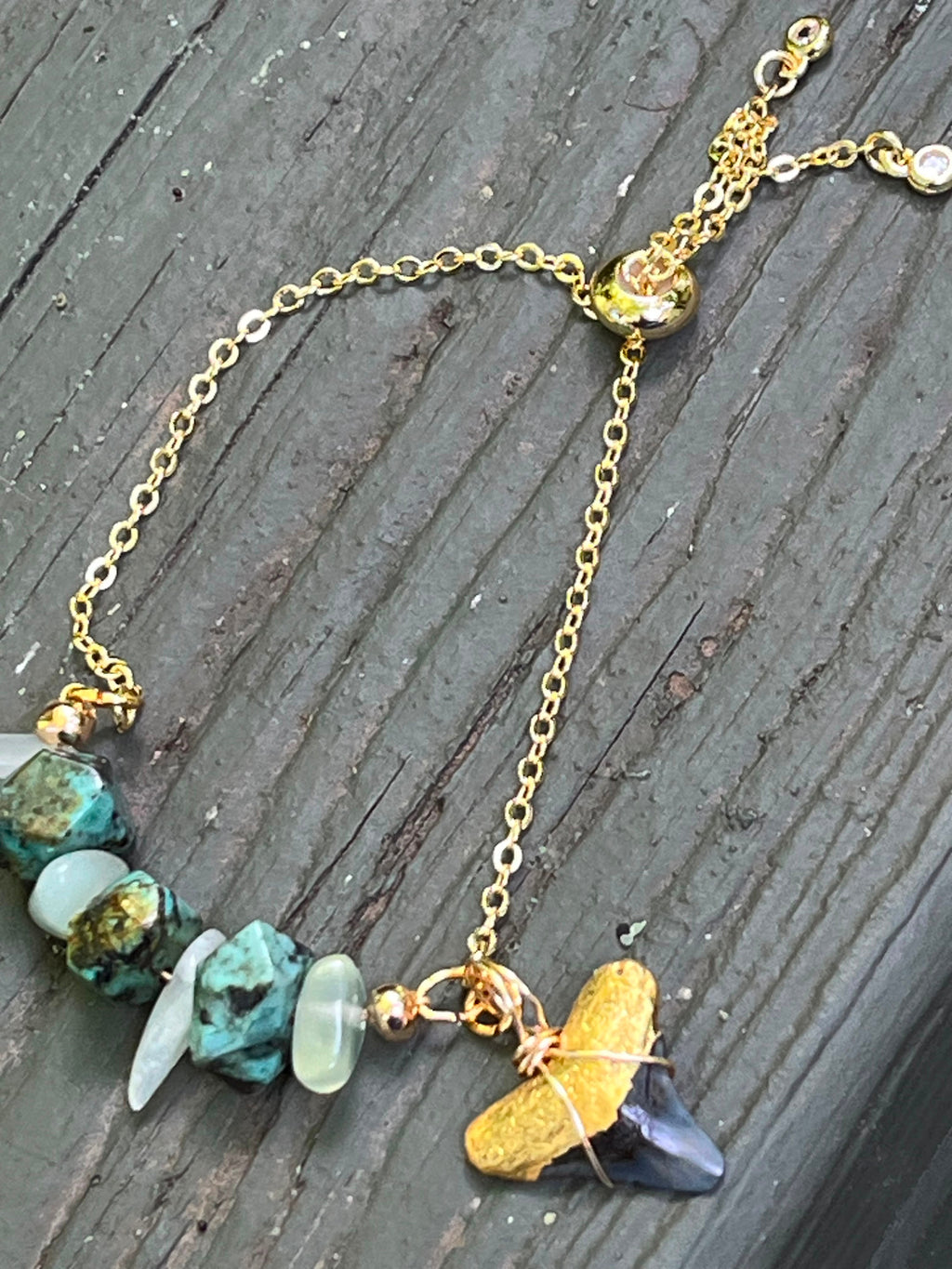 African Turquoise Fossil Shark Tooth Bracelet Gold Chain