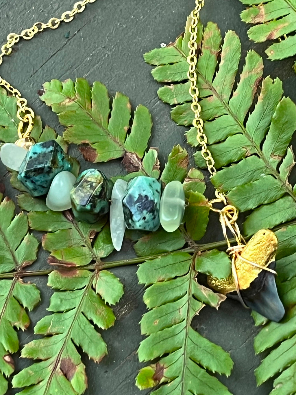 African Turquoise Fossil Shark Tooth Bracelet Gold Chain