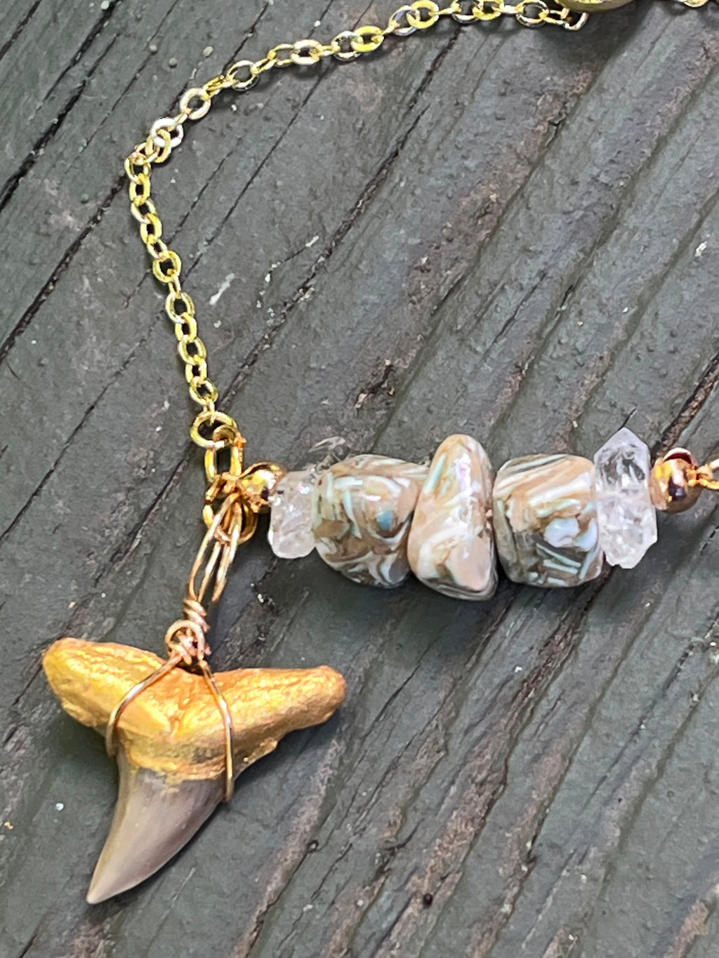 Gold Fossil Shark Tooth Bracelet Jasper Chip Bead Charm
