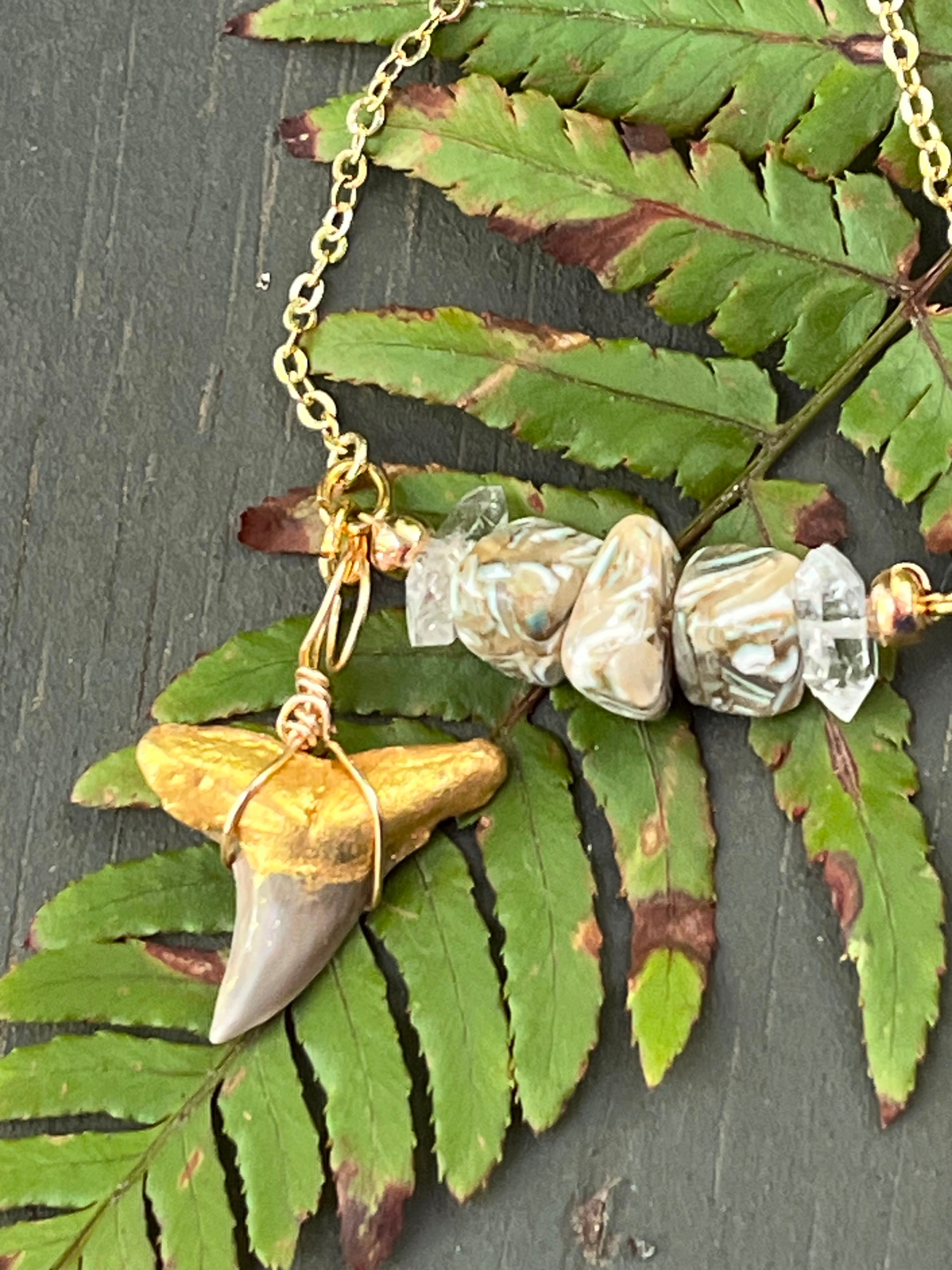 Gold Fossil Shark Tooth Bracelet Jasper Chip Bead Charm