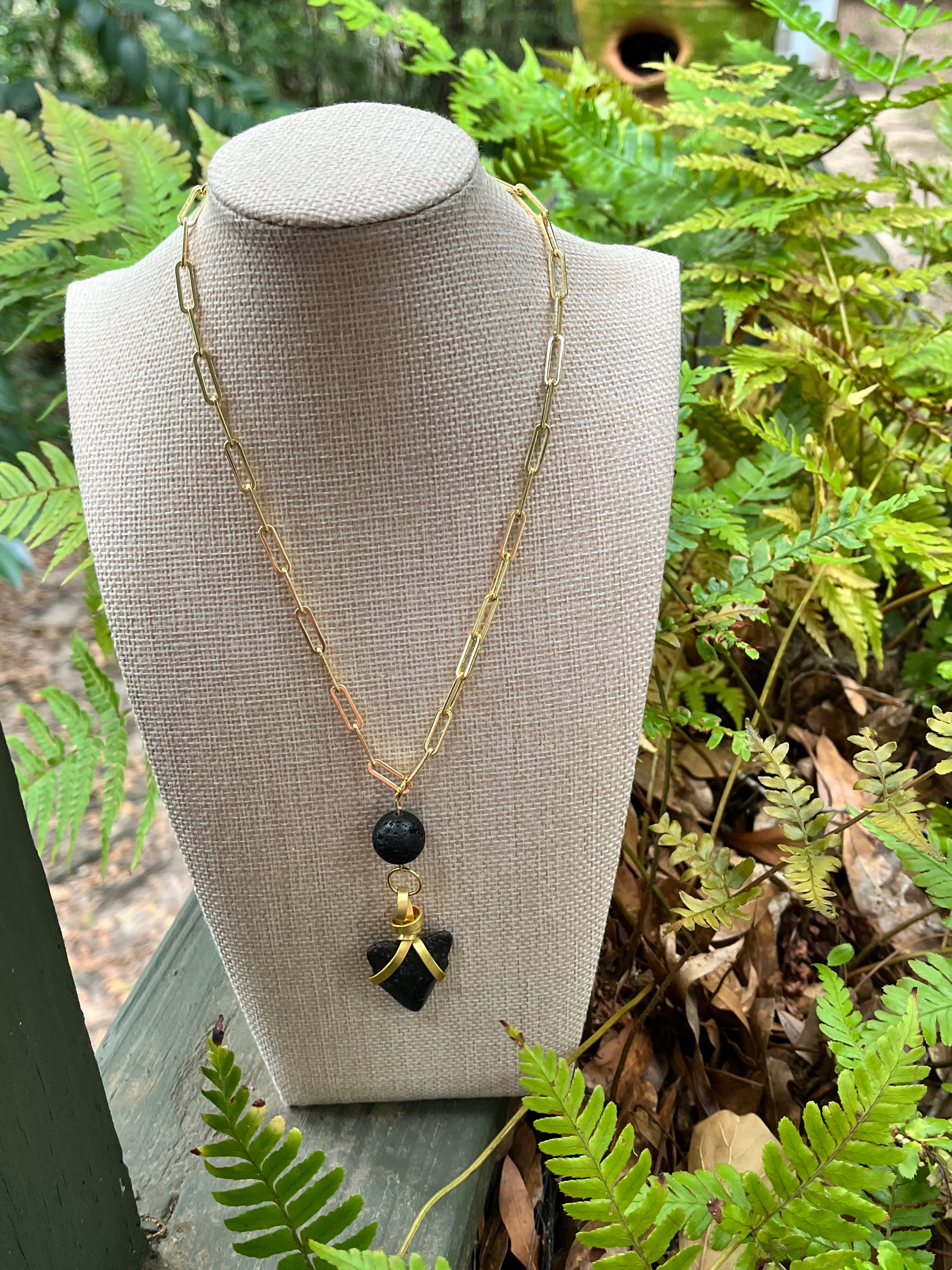 Ash & Ocean | Fossil Megalodon Tooth & Lava Rock Necklace | Handmade Gift Jewelry
